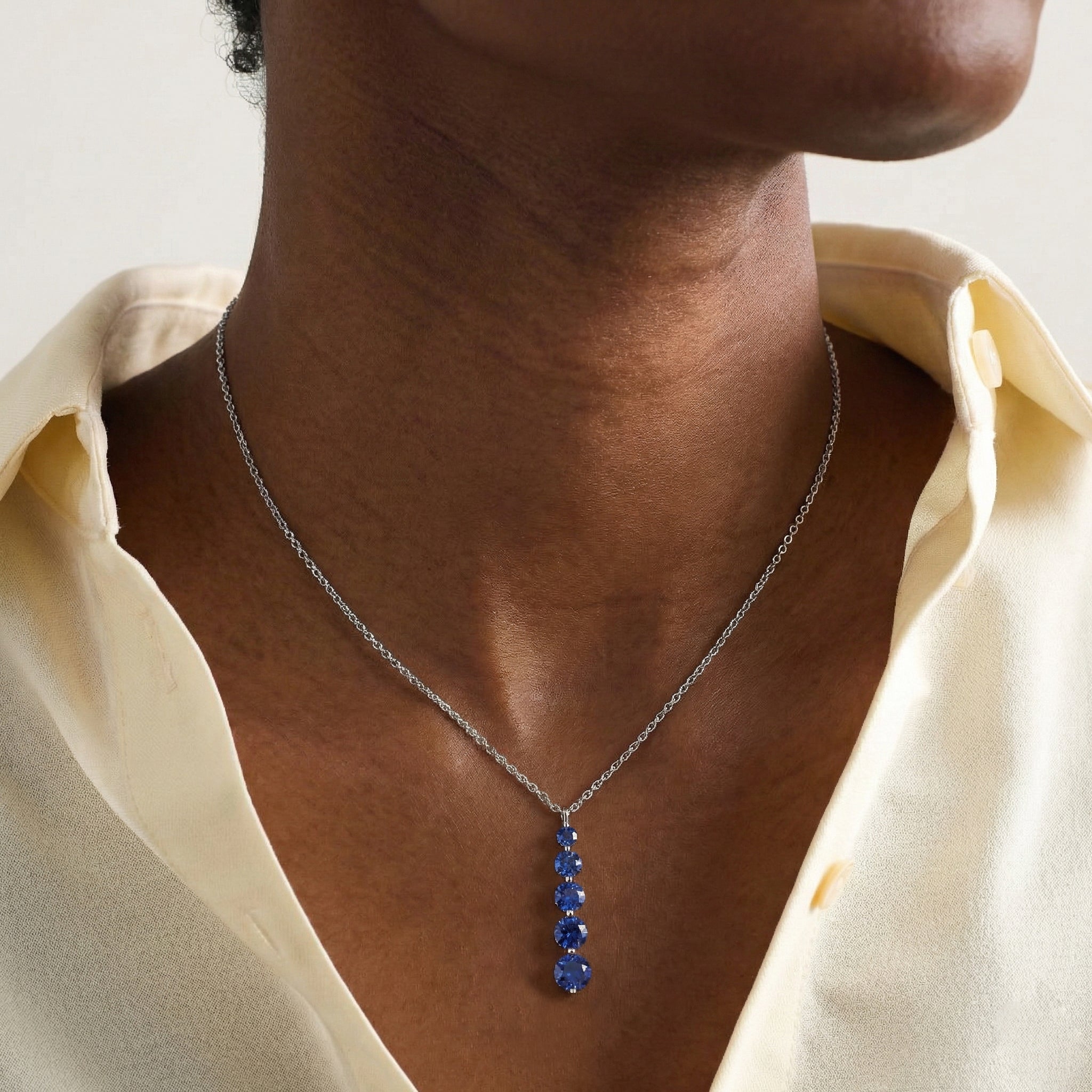 Blue Sapphire Round 5 Stone Bar Pendant Necklace in 925 Sterling Silver 3.90ct