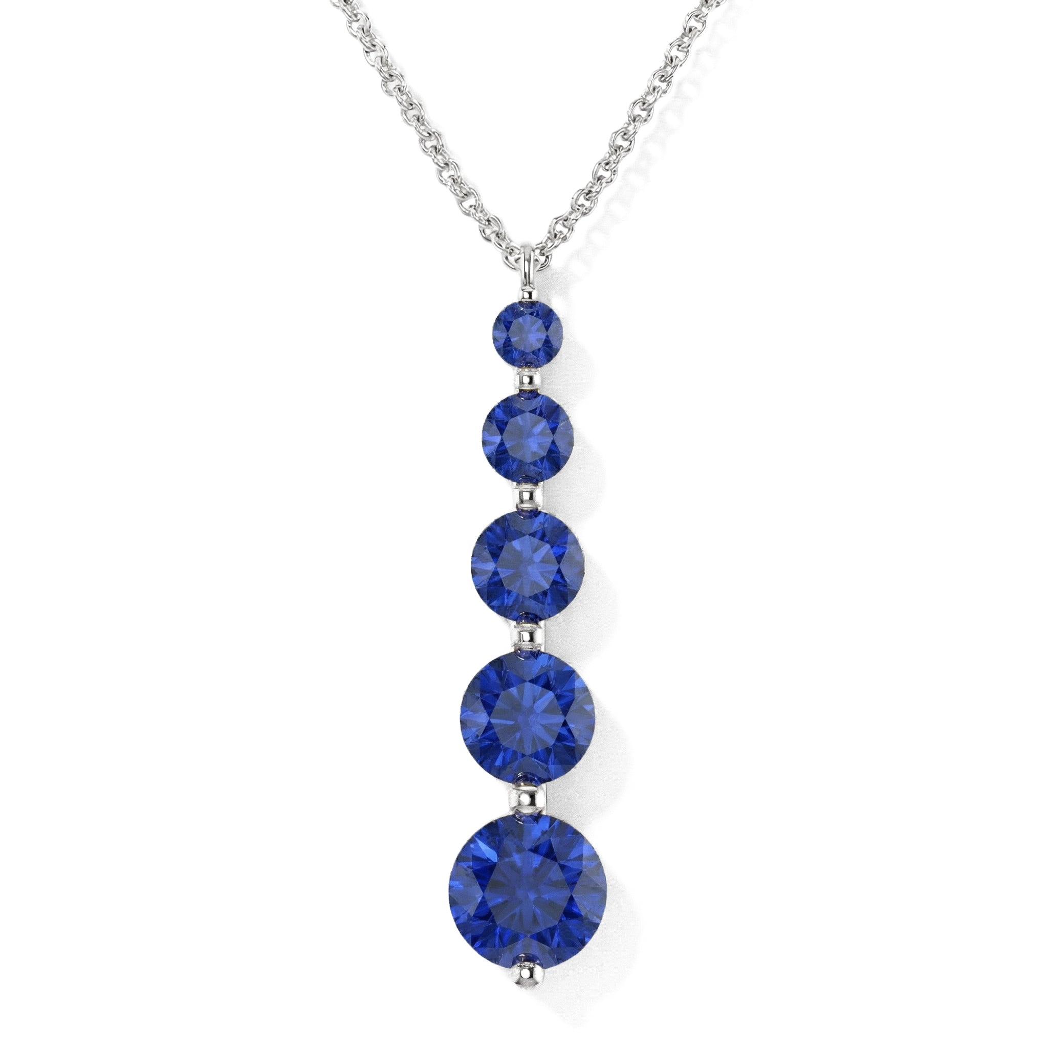 Blue Sapphire Round 5 Stone Bar Pendant Necklace in 925 Sterling Silver 3.90ct