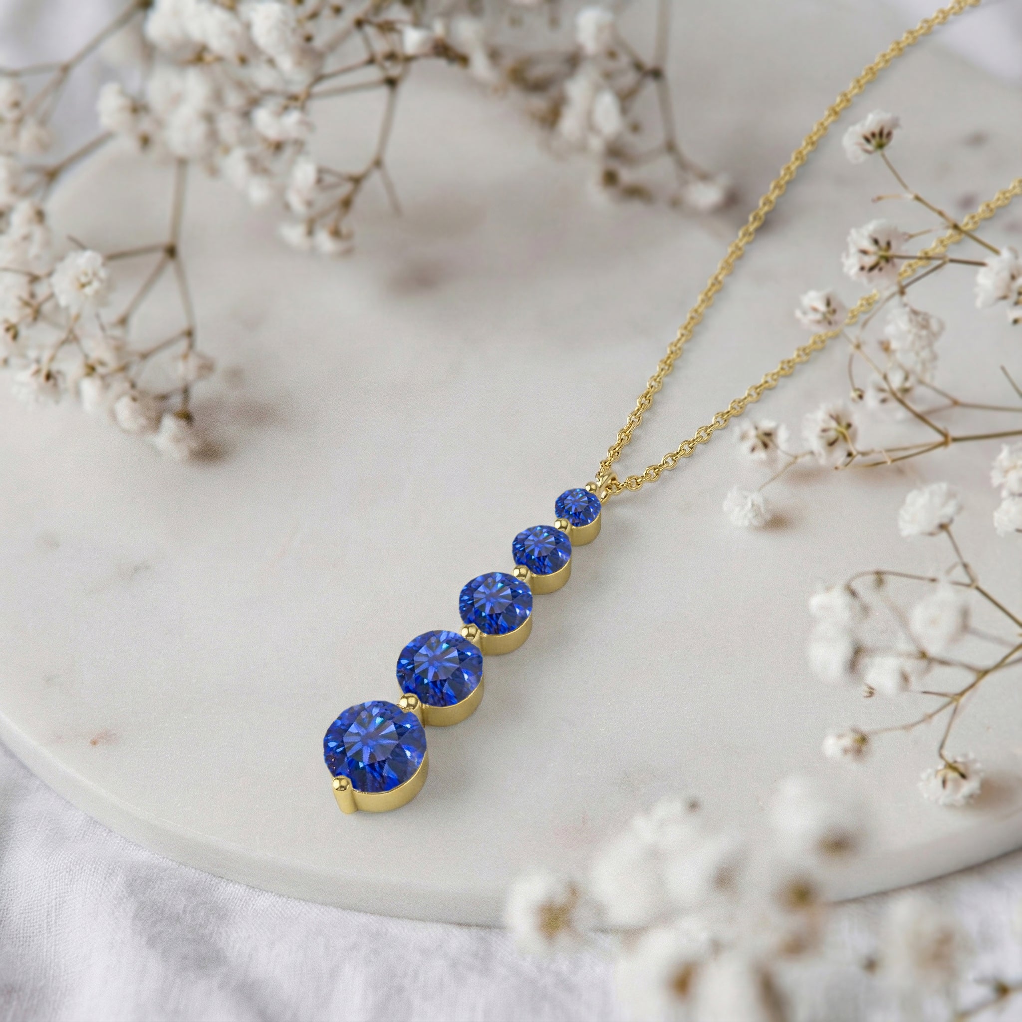 Blue Sapphire Round 5 Stone Bar Pendant Necklace in Yellow Gold Plated 3.90ct