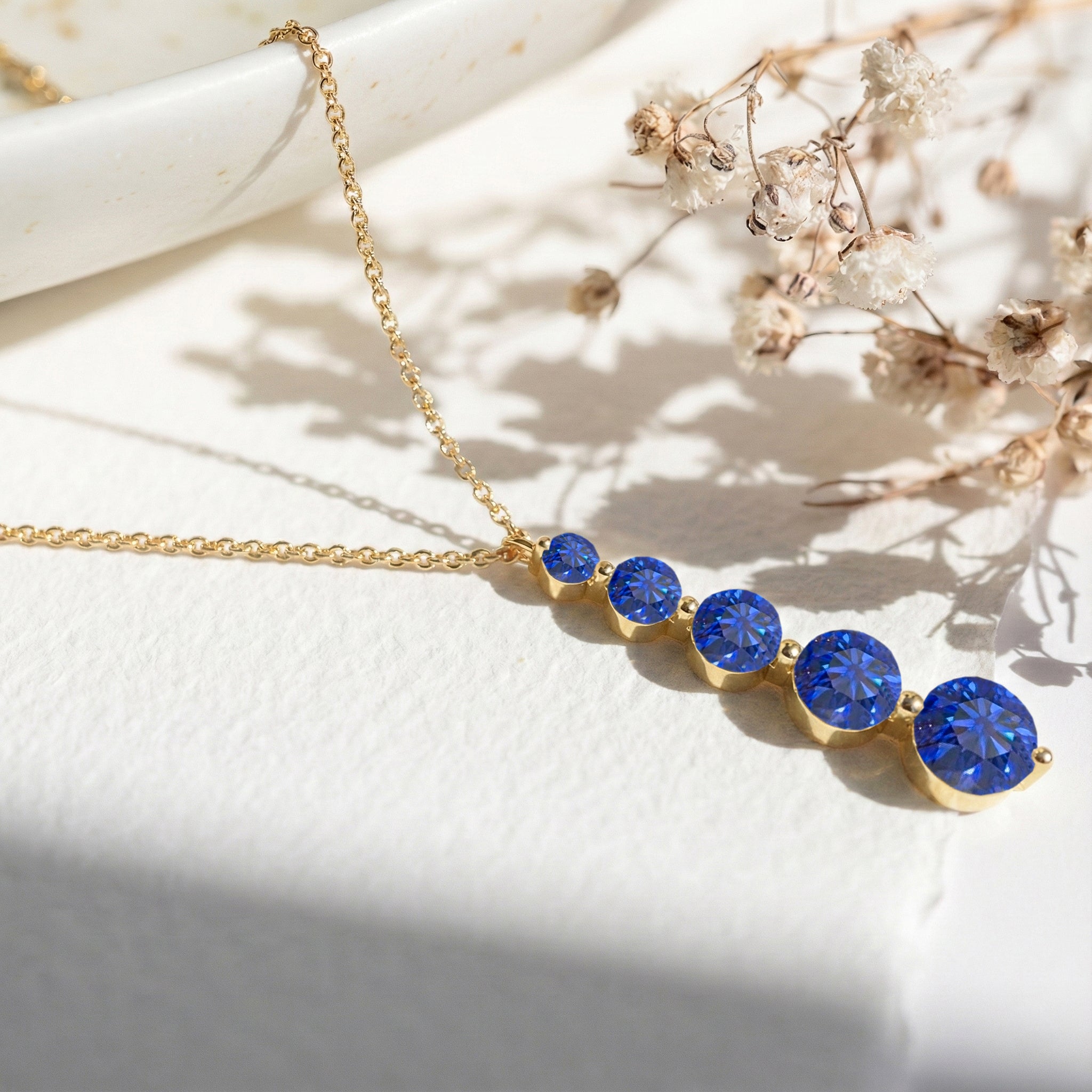 Blue Sapphire Round 5 Stone Bar Pendant Necklace in 925 Sterling Silver 3.90ct