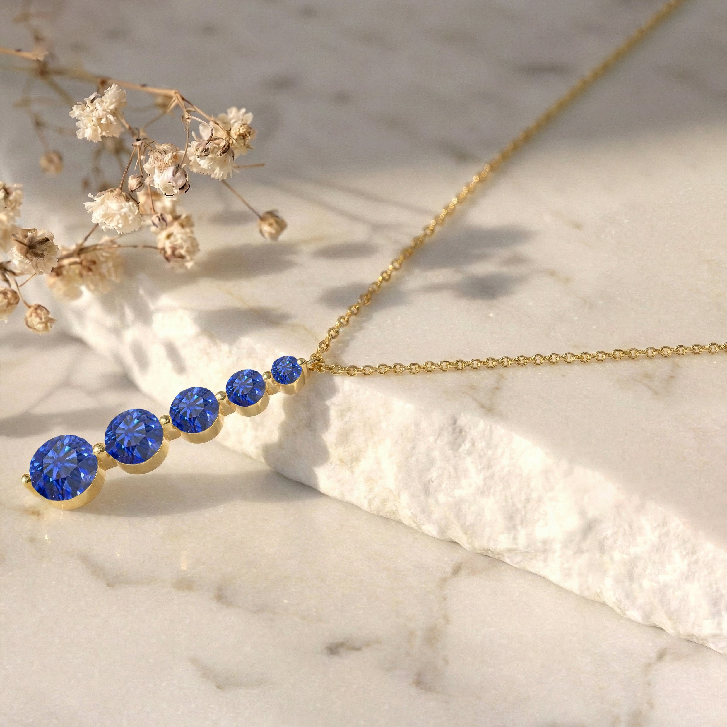 Blue Sapphire Round 5 Stone Bar Pendant Necklace in 925 Sterling Silver 3.90ct