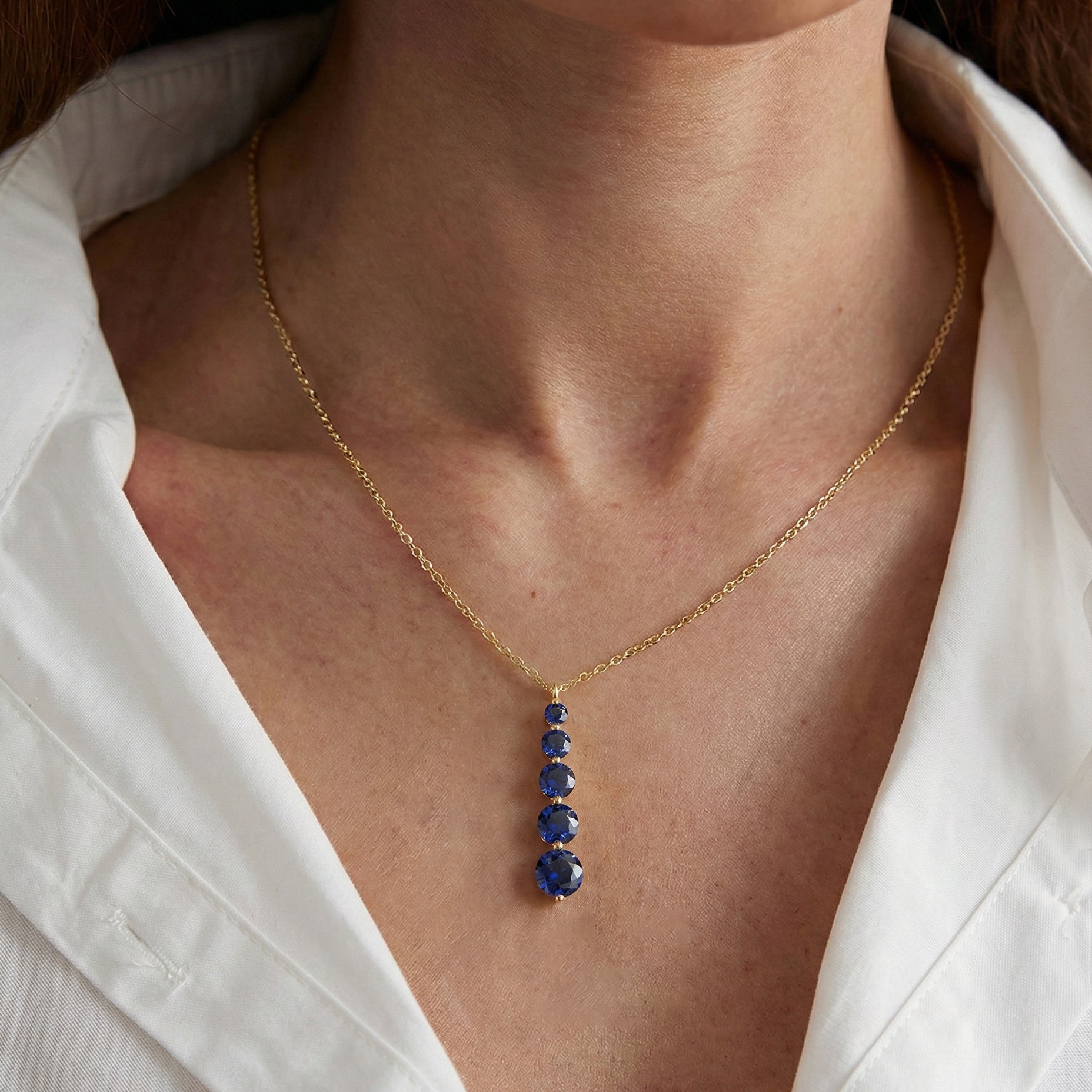 Blue Sapphire Round 5 Stone Bar Pendant Necklace in Yellow Gold Plated 3.90ct