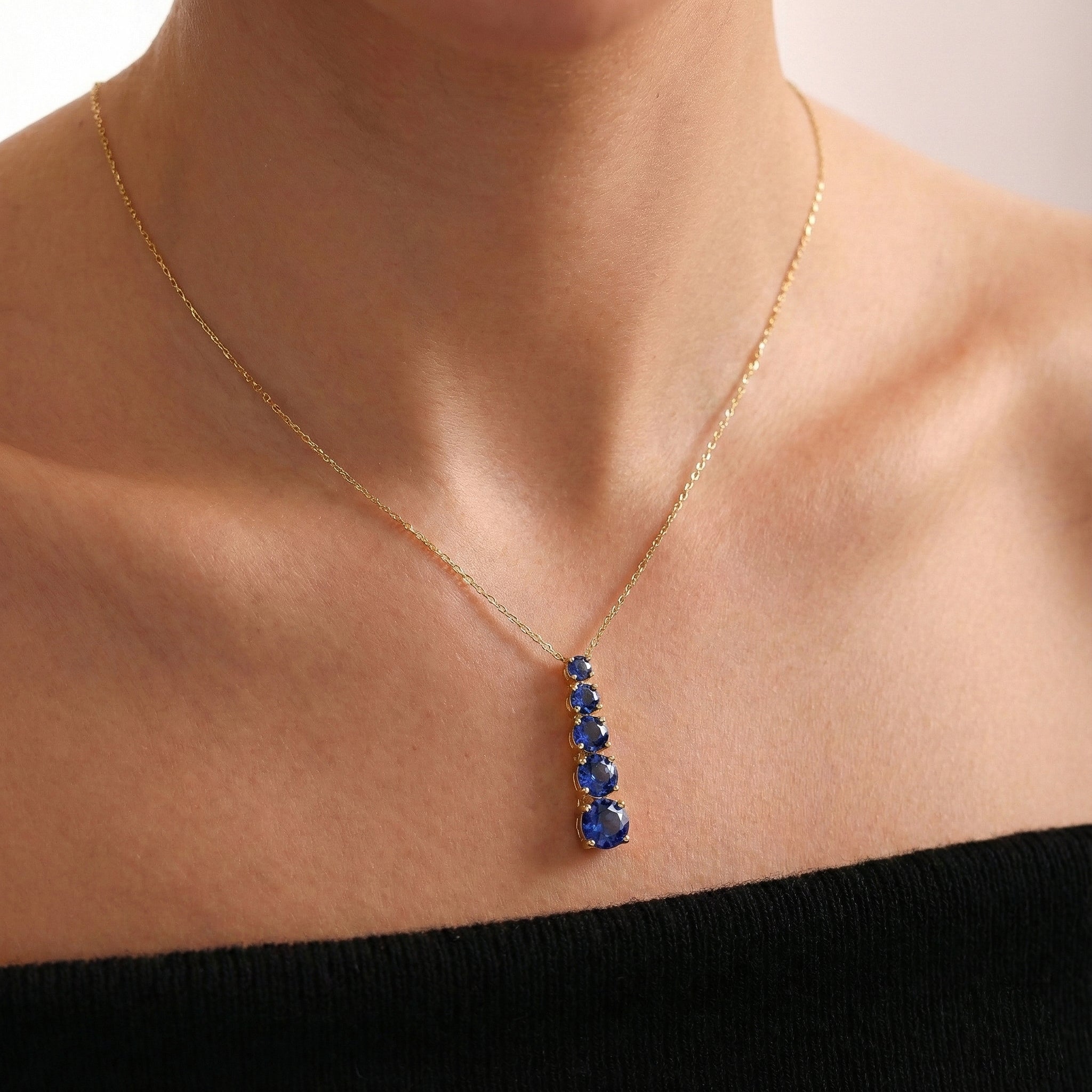 Blue Sapphire Round 5 Stone Bar Pendant Necklace in Yellow Gold Plated 3.90ct