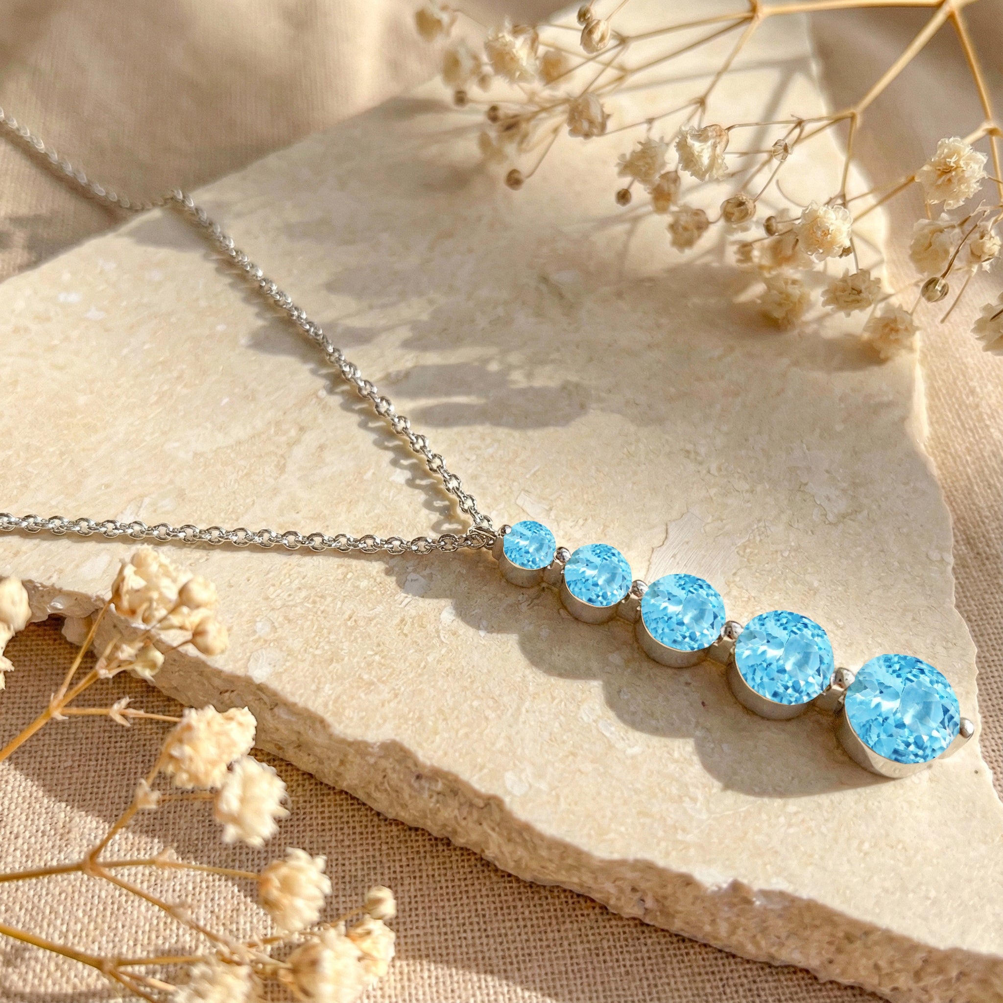 Blue Topaz Round 5 Stone Bar Pendant Necklace in 925 Sterling Silver 3.90ct
