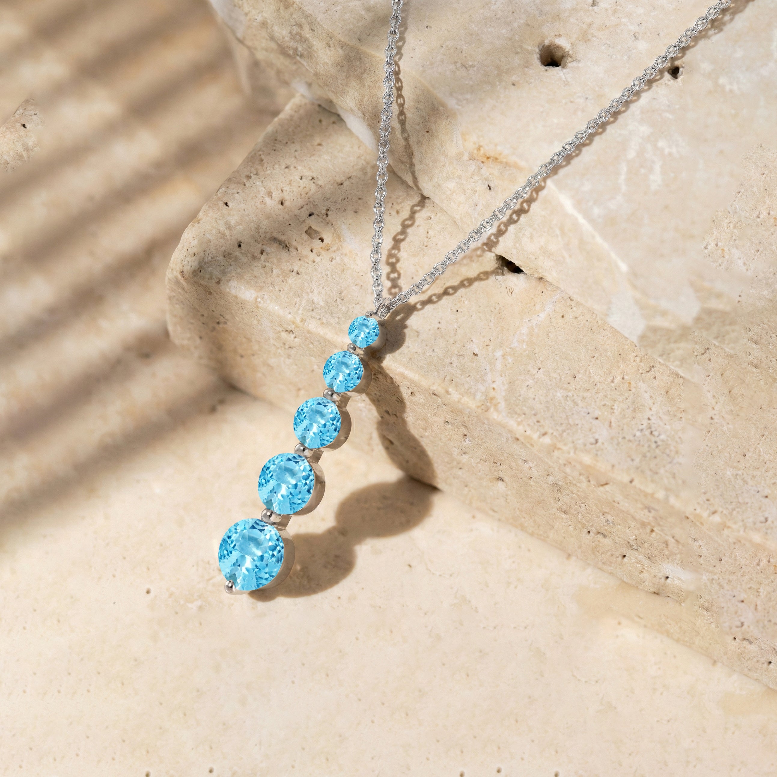 Blue Topaz Round 5 Stone Bar Pendant Necklace in 925 Sterling Silver 3.90ct
