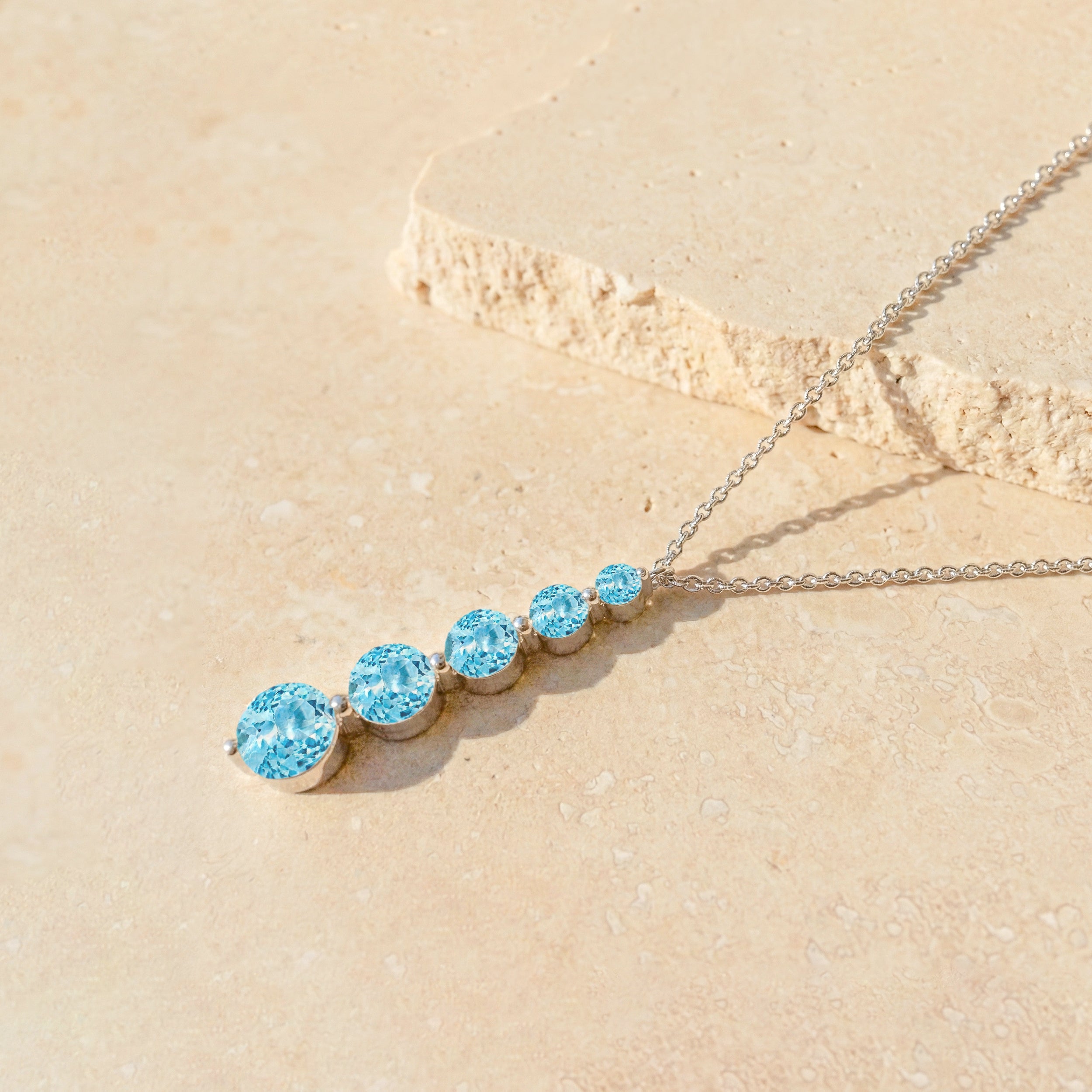 Blue Topaz Round 5 Stone Bar Pendant Necklace in 925 Sterling Silver 3.90ct
