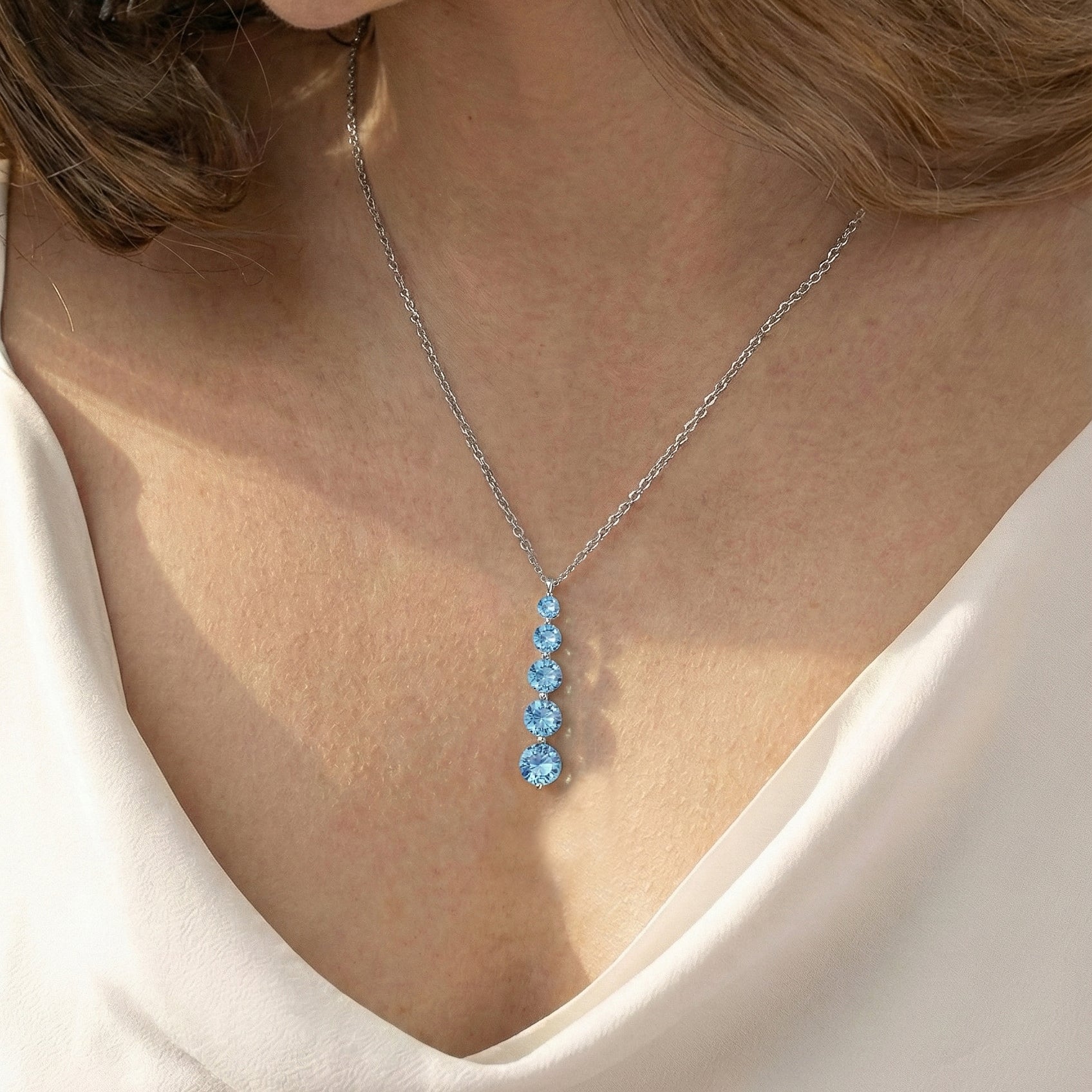 Blue Topaz Round 5 Stone Bar Pendant Necklace in 925 Sterling Silver 3.90ct
