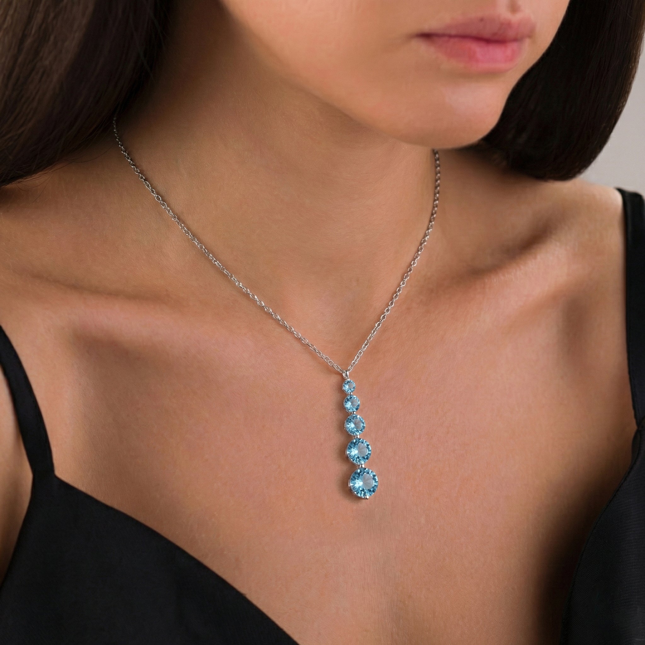 Blue Topaz Round 5 Stone Bar Pendant Necklace in 925 Sterling Silver 3.90ct
