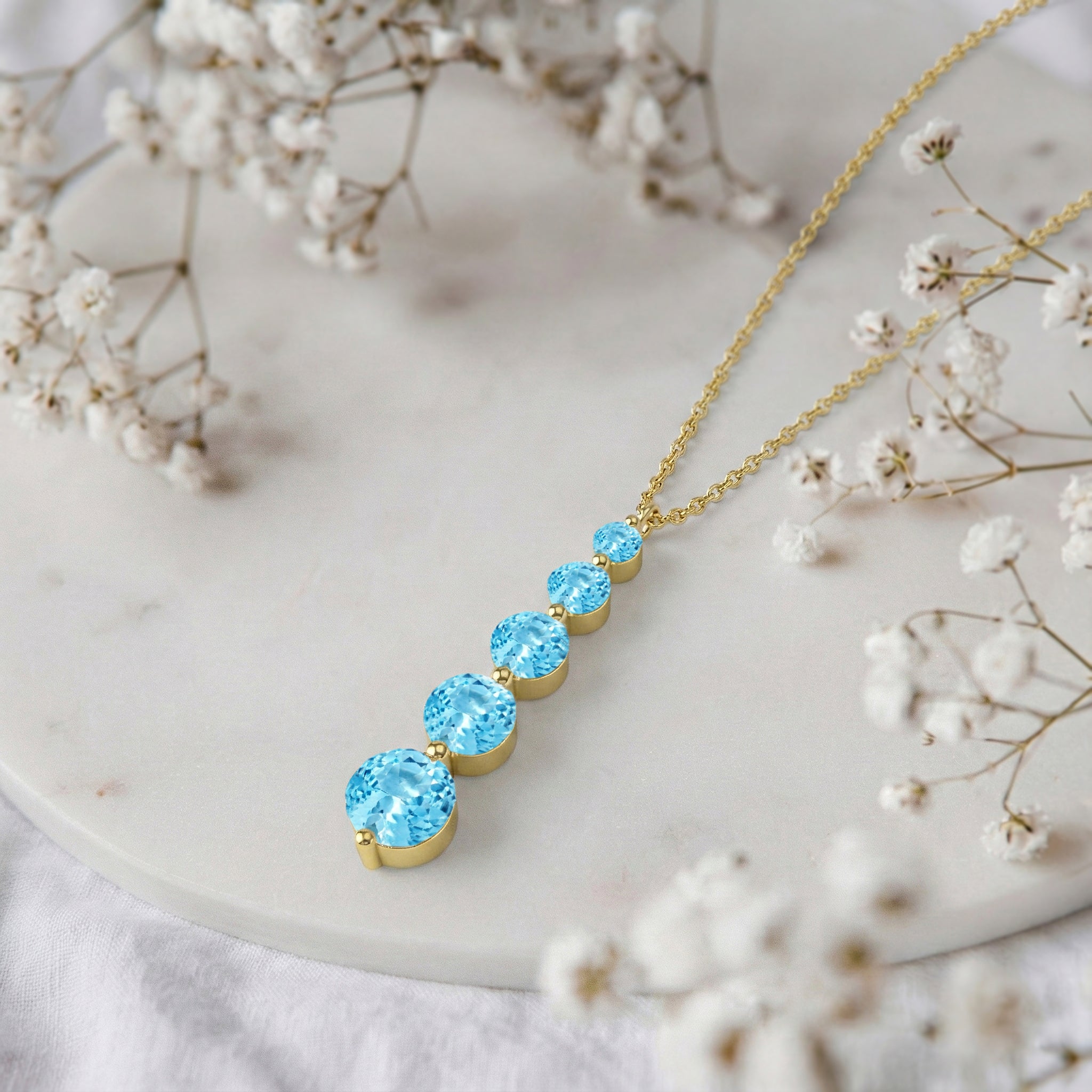 Blue Topaz Round 5 Stone Bar Pendant Necklace in Yellow Gold Plated 3.90ct