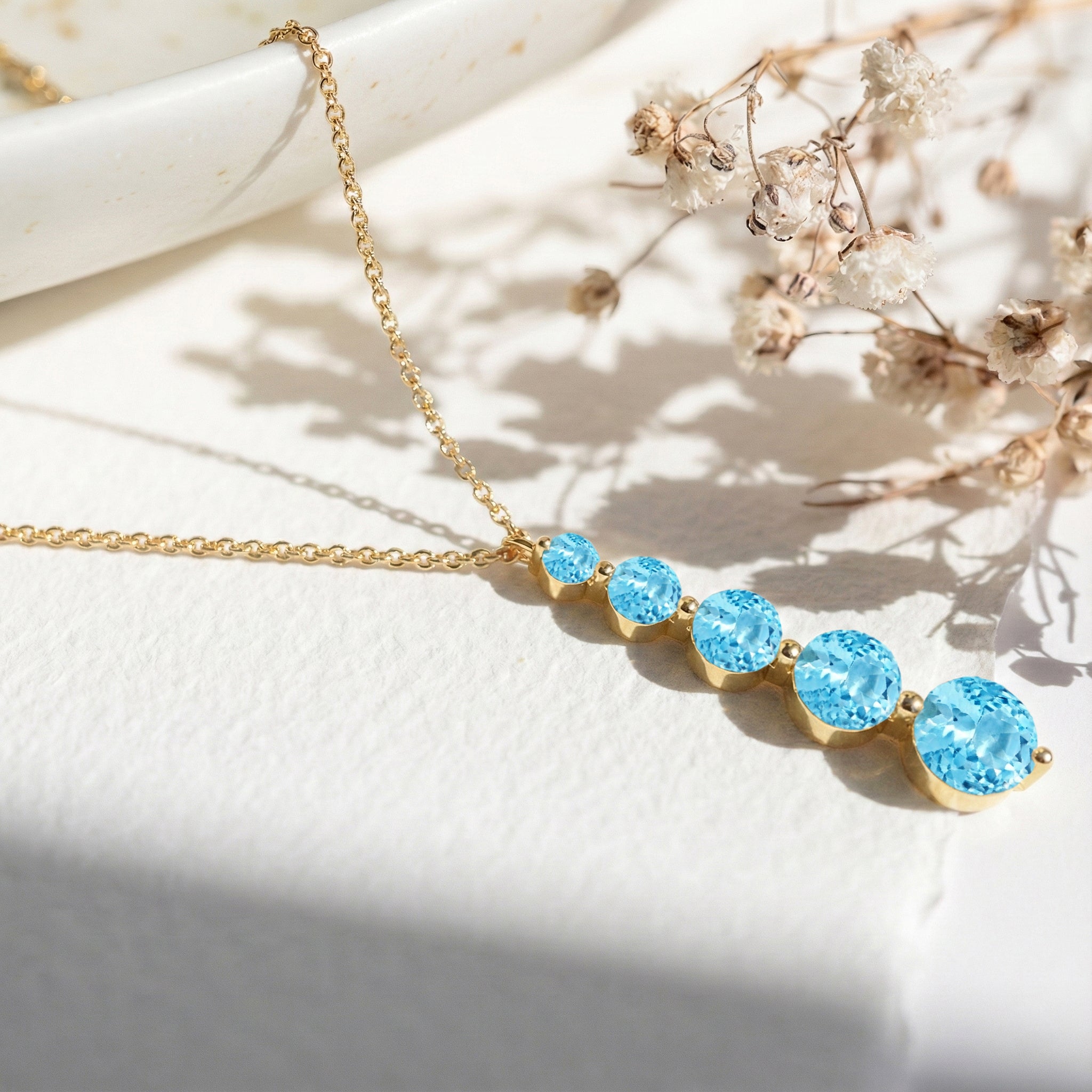 Blue Topaz Round 5 Stone Bar Pendant Necklace in Yellow Gold Plated 3.90ct