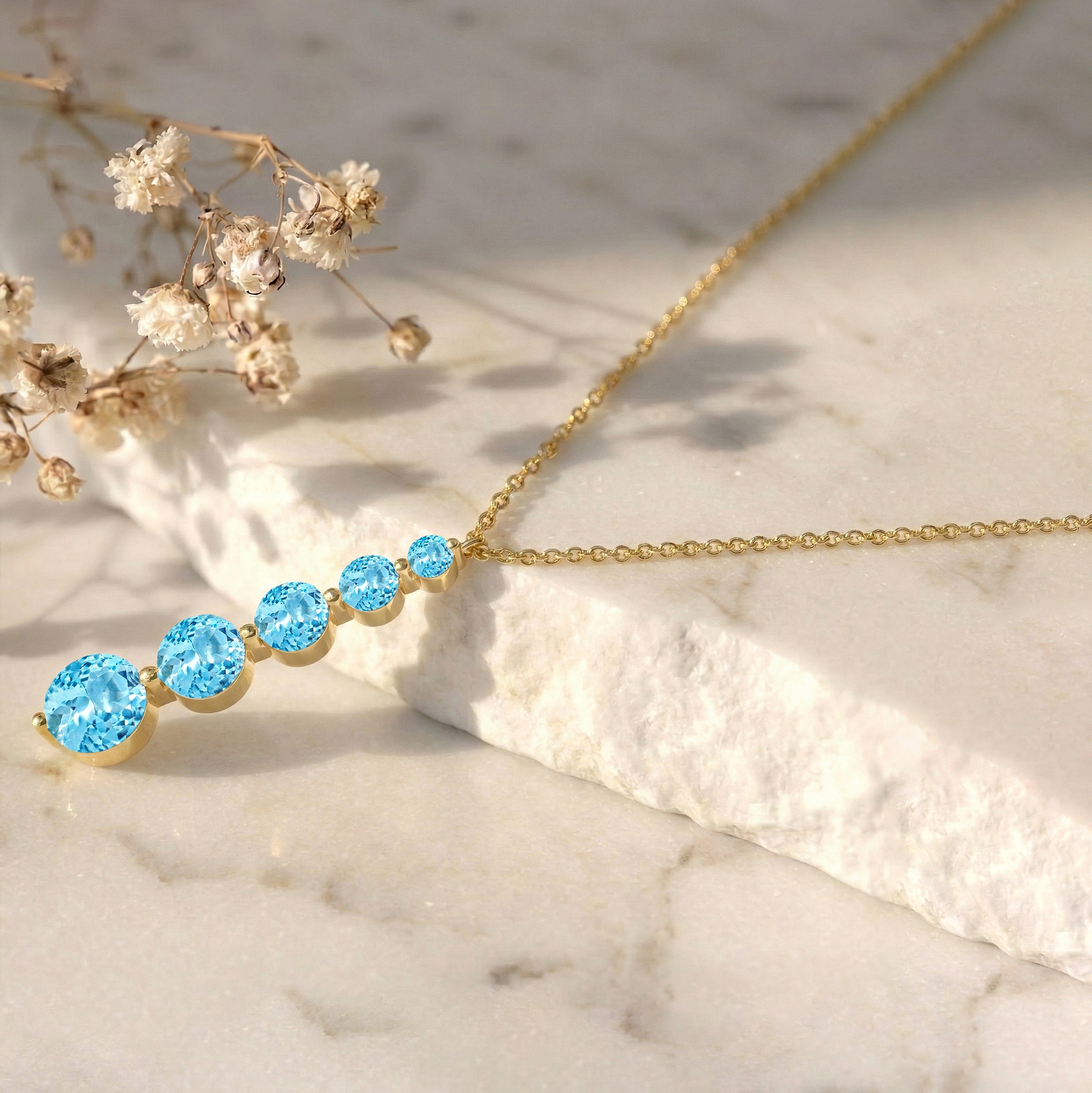 Blue Topaz Round 5 Stone Bar Pendant Necklace in Yellow Gold Plated 3.90ct