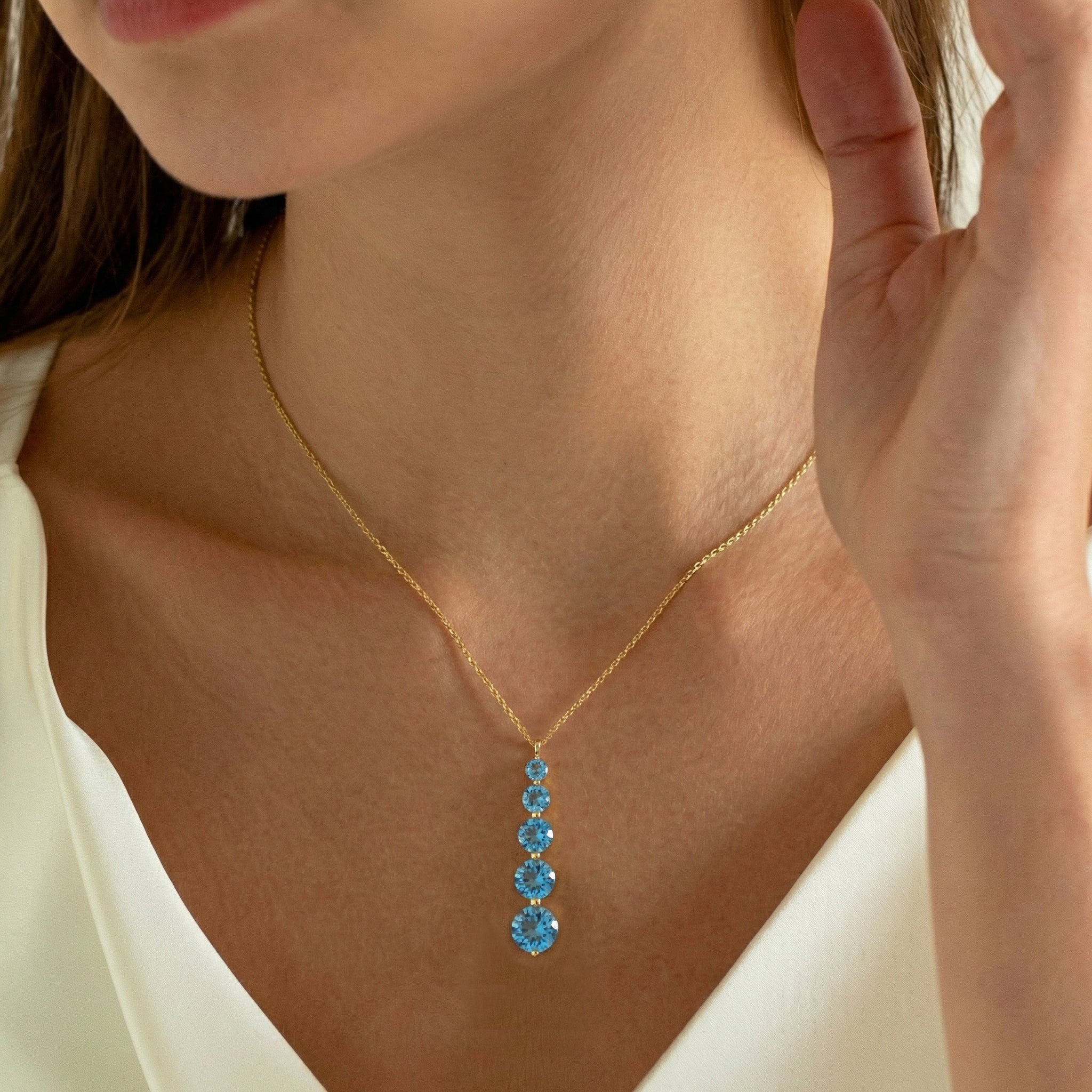Blue Topaz Round 5 Stone Bar Pendant Necklace in 925 Sterling Silver 3.90ct
