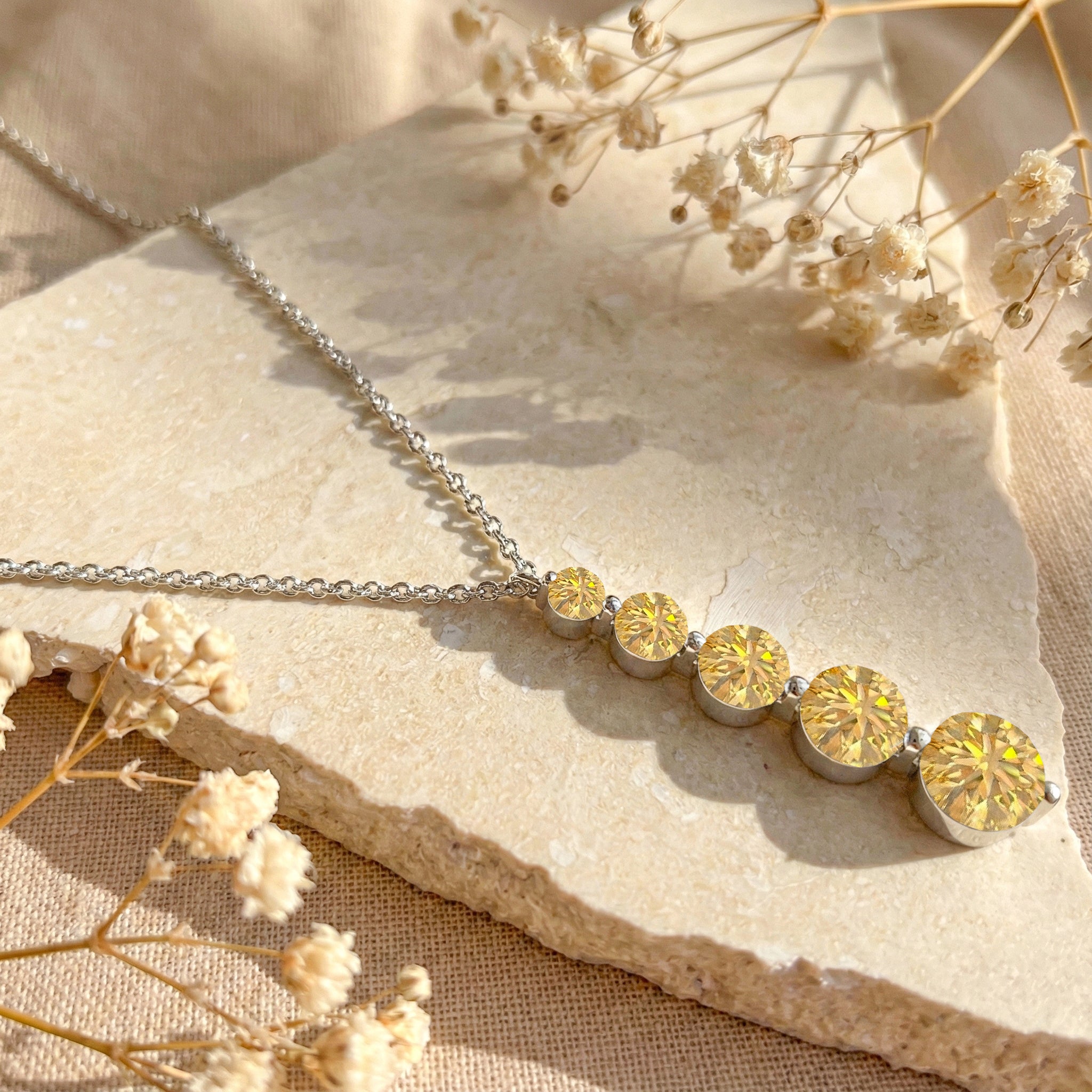 Citrine Round 5 Stone Bar Pendant Necklace in 925 Sterling Silver 3.90ct
