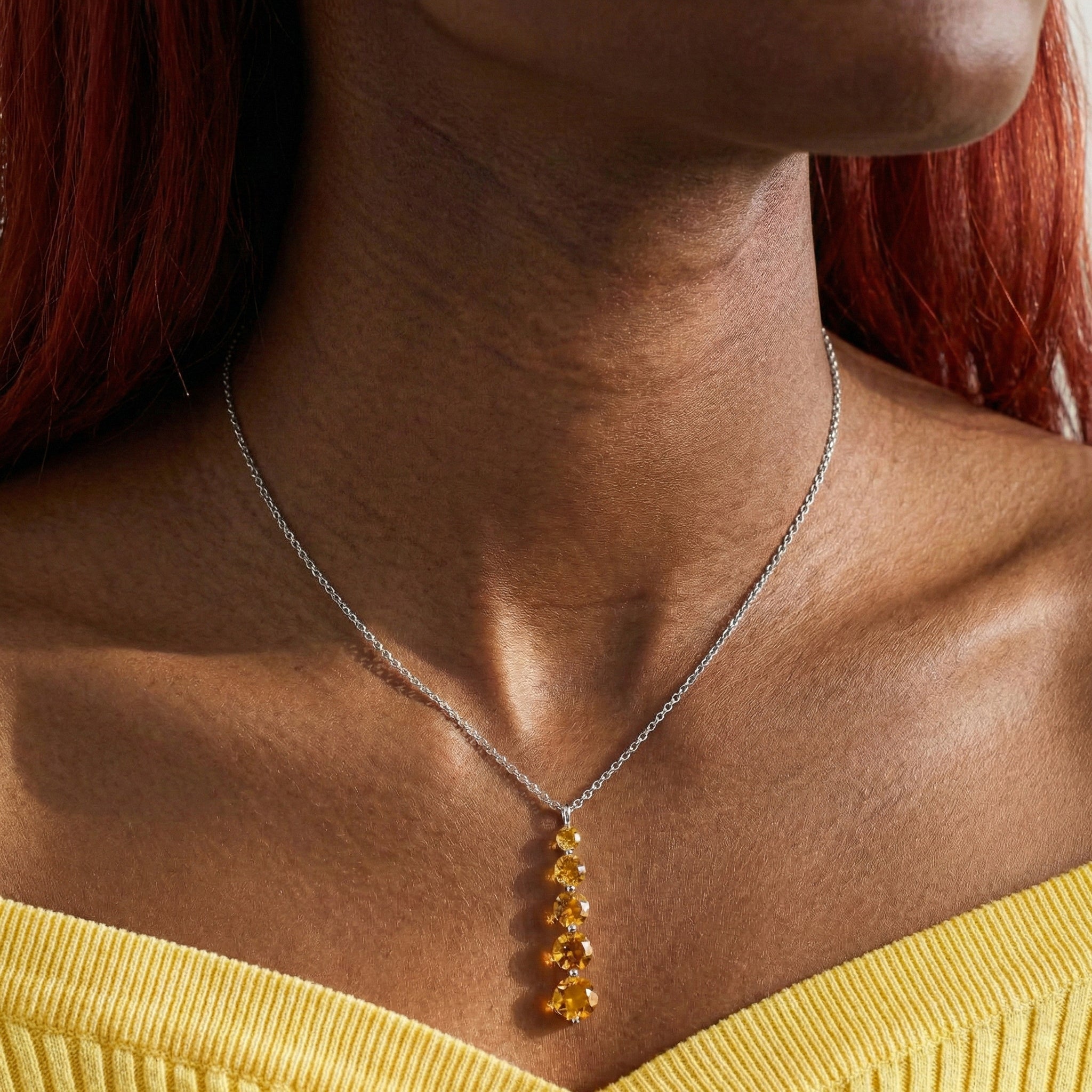 Citrine Round 5 Stone Bar Pendant Necklace in 925 Sterling Silver 3.90ct
