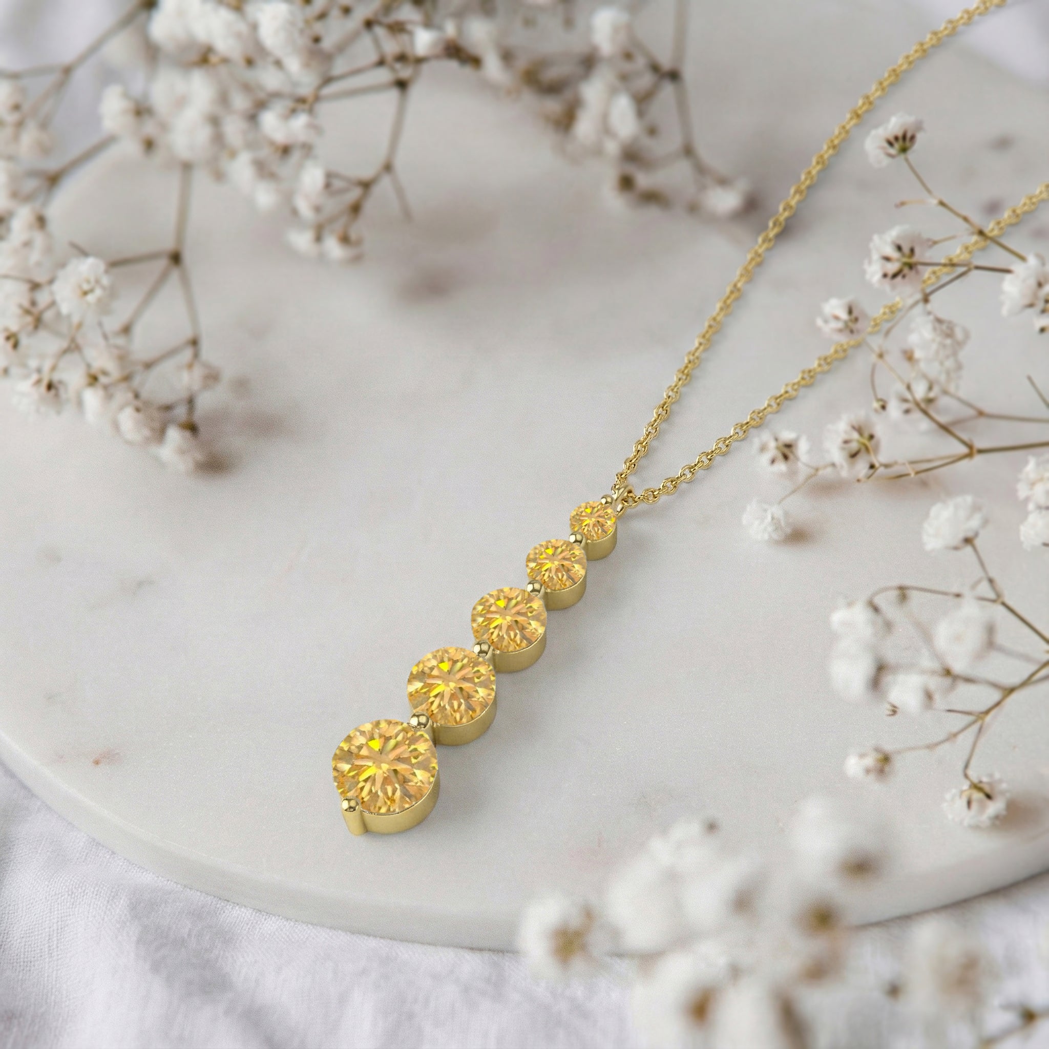 Citrine Round 5 Stone Bar Pendant Necklace in Yellow Gold Plated 3.90ct