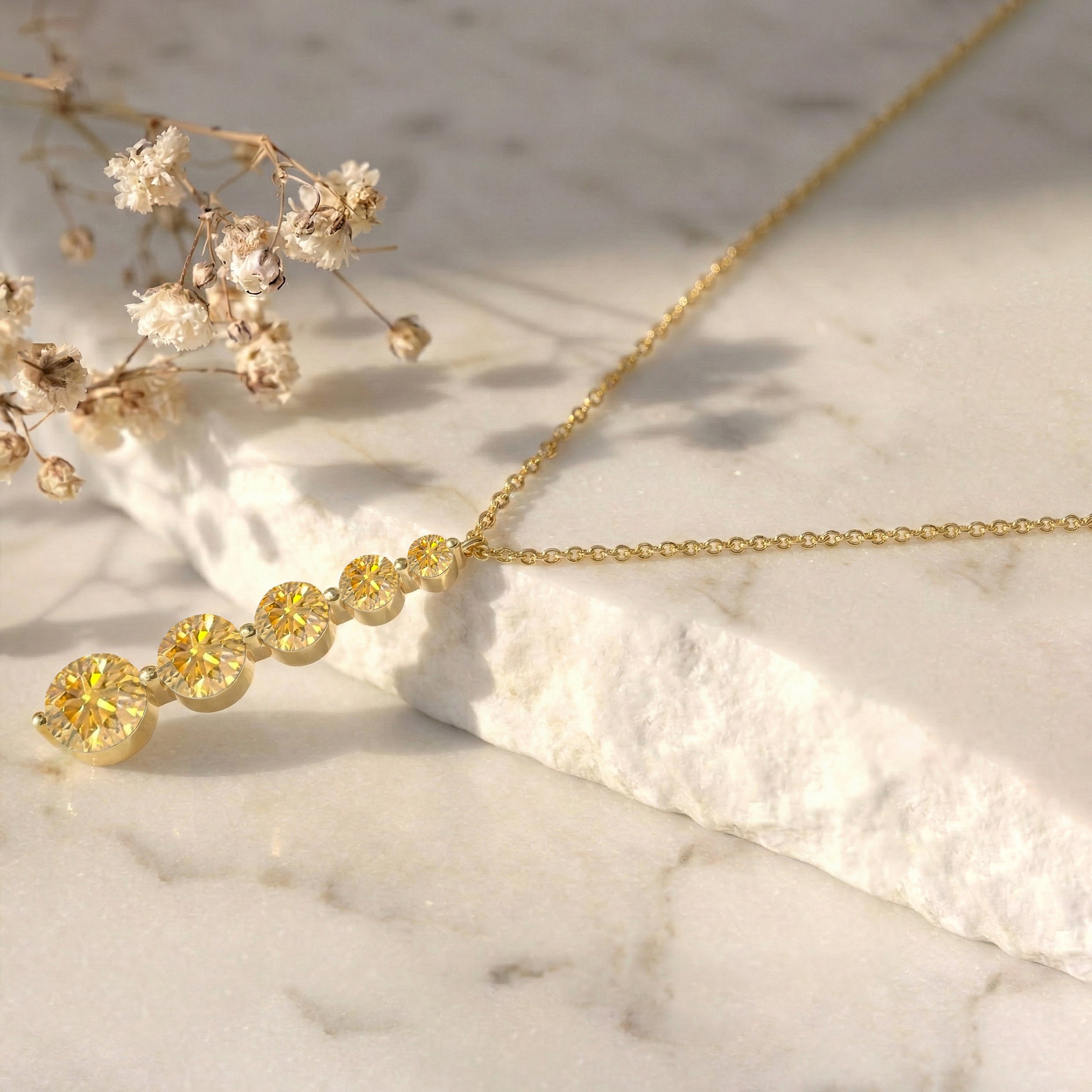 Citrine Round 5 Stone Bar Pendant Necklace in Yellow Gold Plated 3.90ct