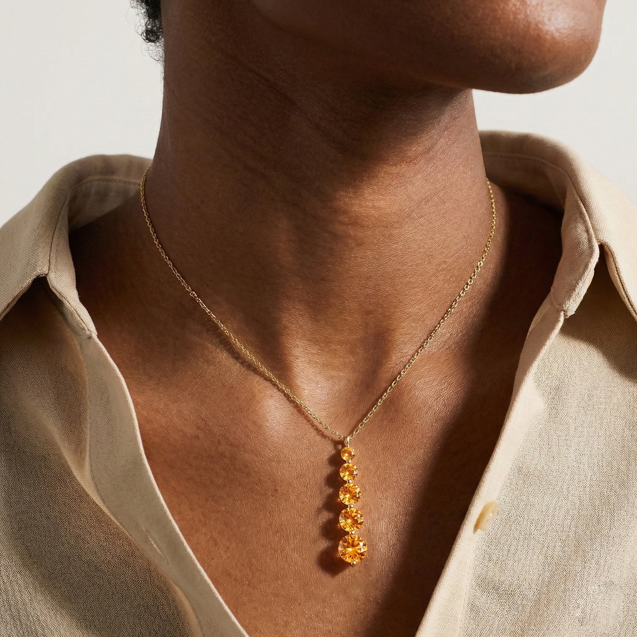 Citrine Round 5 Stone Bar Pendant Necklace in Yellow Gold Plated 3.90ct