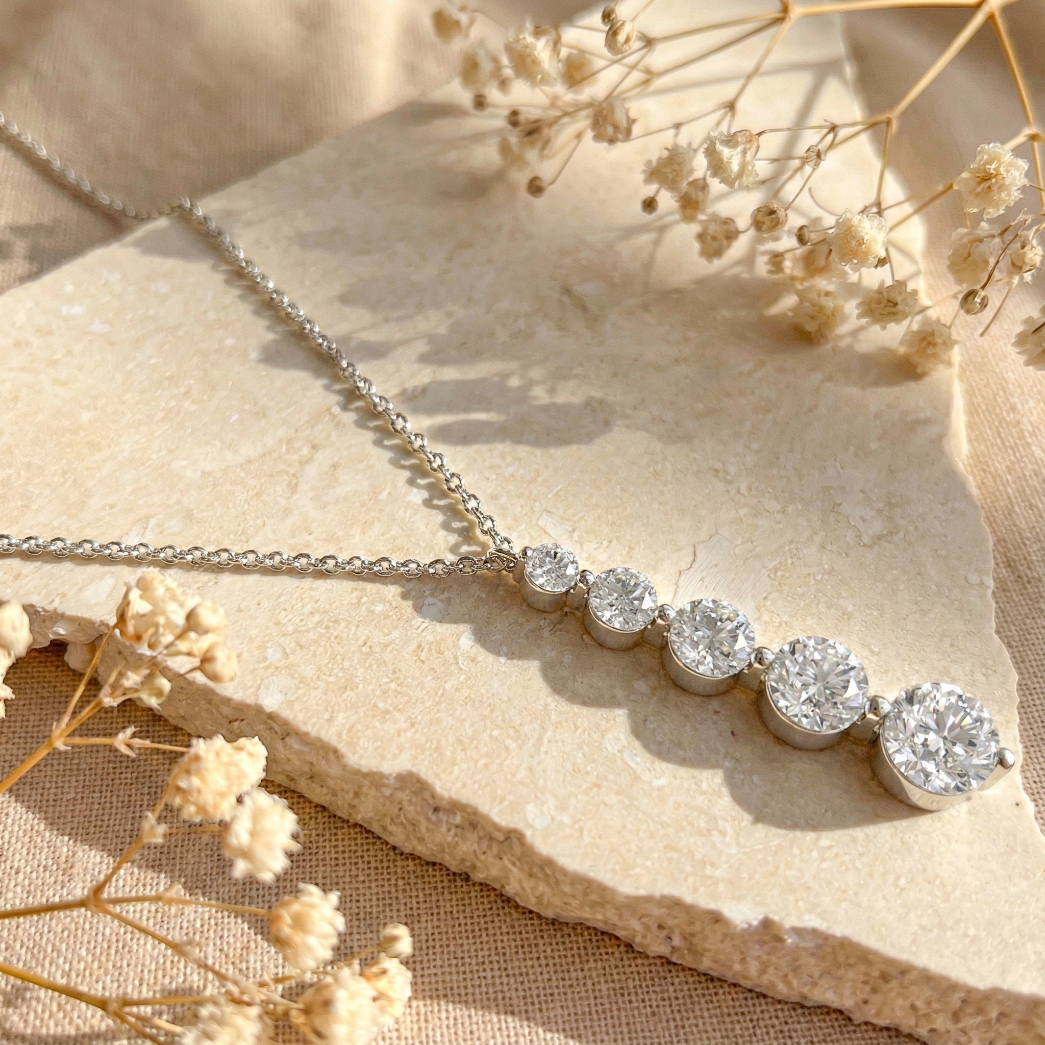 Simulated Diamond Round 5 Stone Bar Pendant Necklace in 925 Sterling Silver 3.90ct
