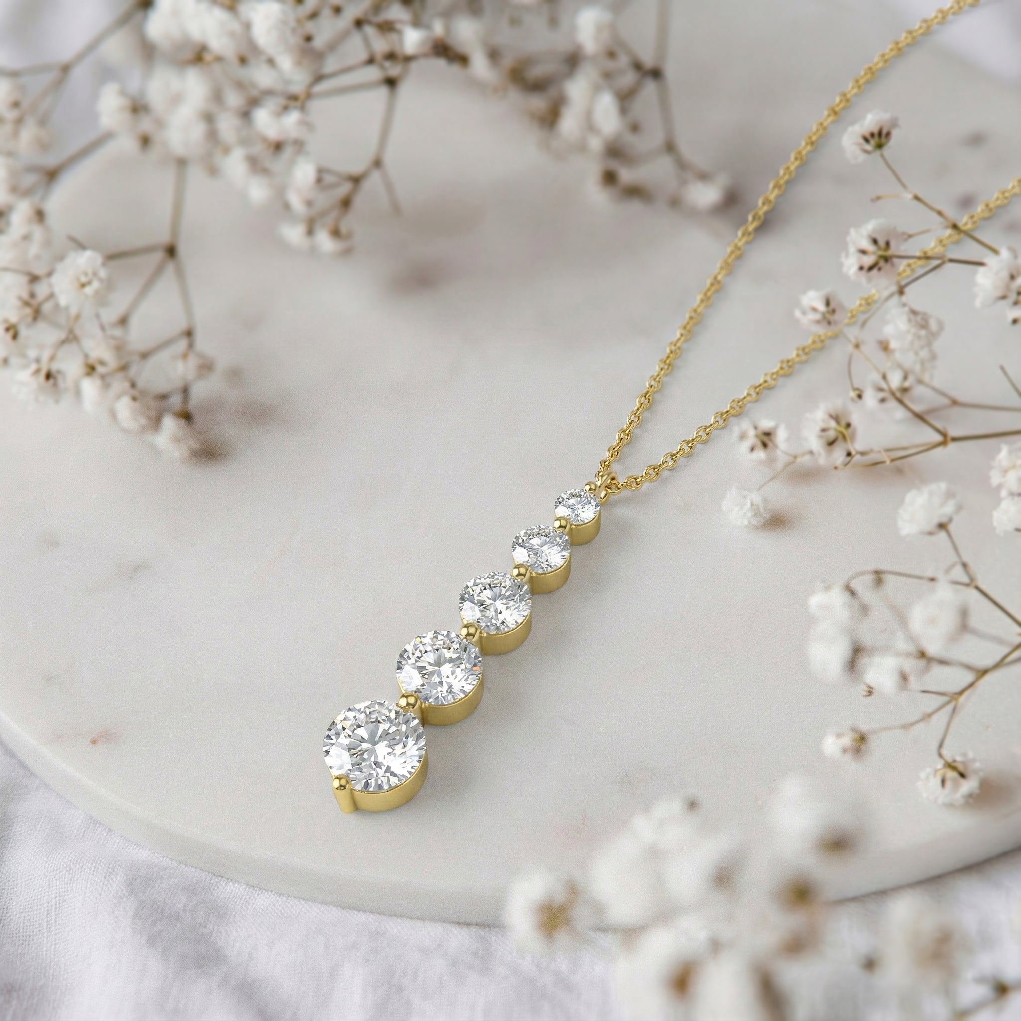 Simulated Diamond Round 5 Stone Bar Pendant Necklace in Yellow Gold Plated 3.90ct