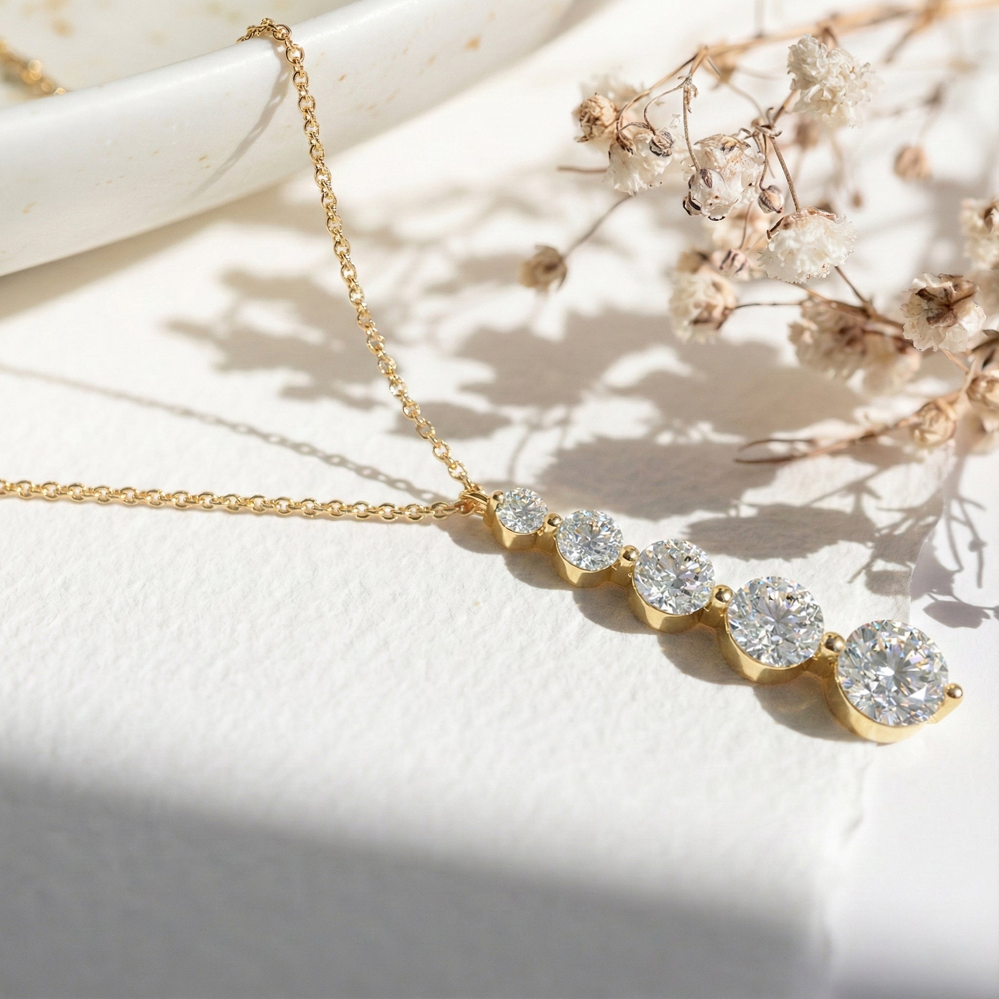 Simulated Diamond Round 5 Stone Bar Pendant Necklace in Yellow Gold Plated 3.90ct