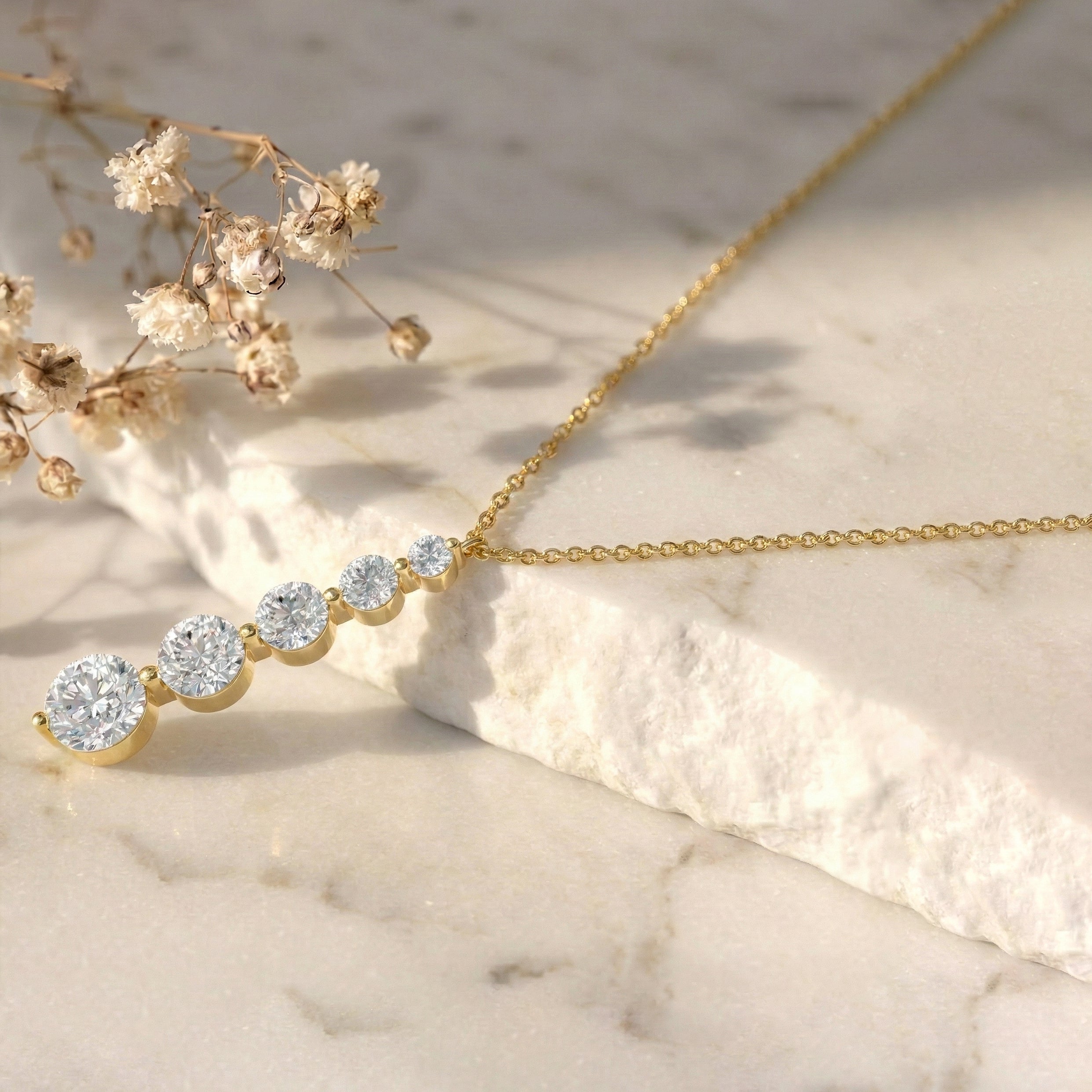 Simulated Diamond Round 5 Stone Bar Pendant Necklace in Yellow Gold Plated 3.90ct