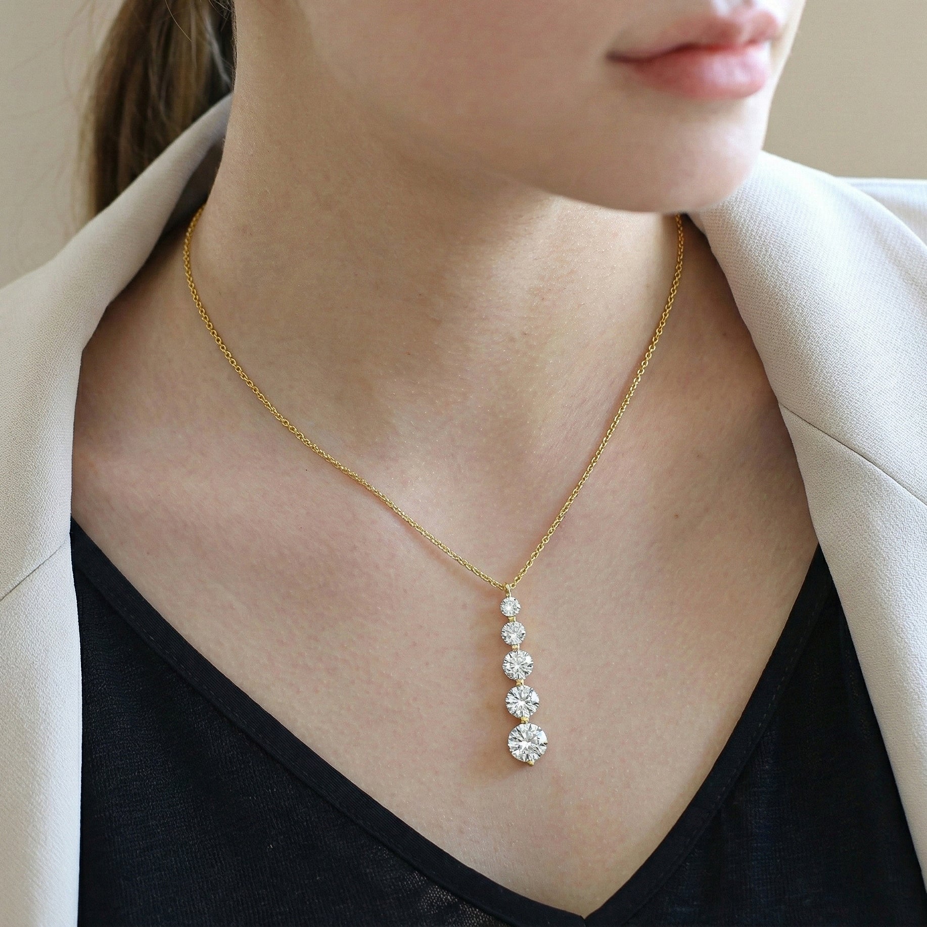 Simulated Diamond Round 5 Stone Bar Pendant Necklace in Yellow Gold Plated 3.90ct