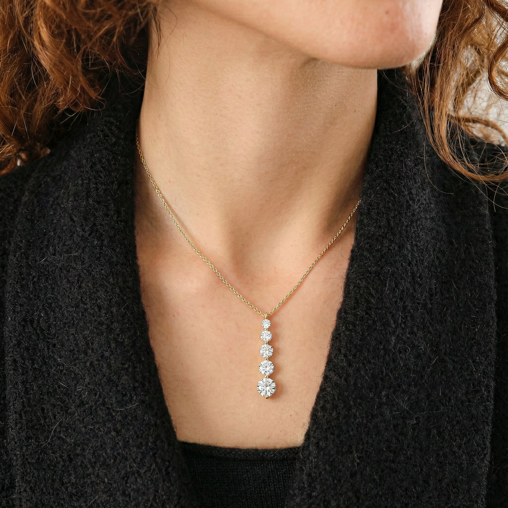 Simulated Diamond Round 5 Stone Bar Pendant Necklace in Yellow Gold Plated 3.90ct