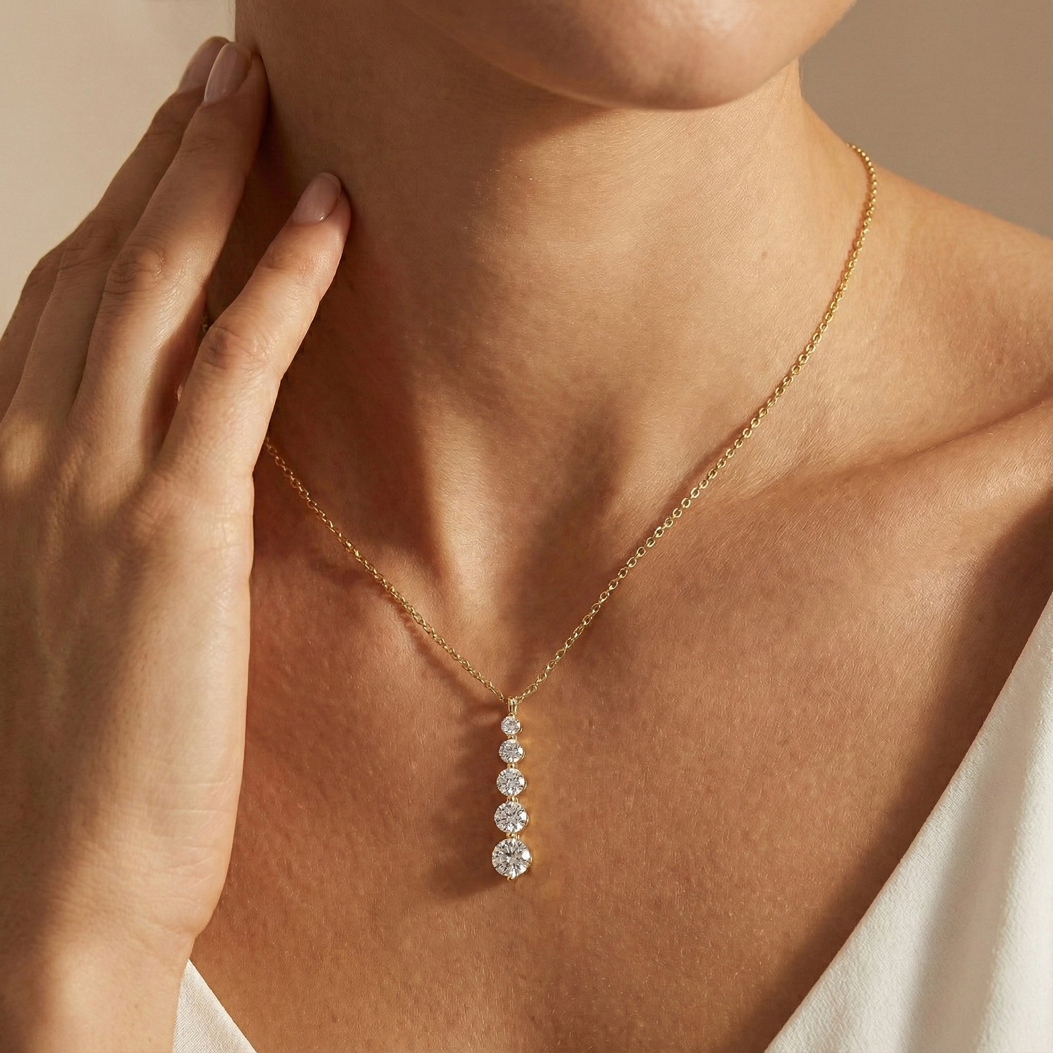 Simulated Diamond Round 5 Stone Bar Pendant Necklace in Yellow Gold Plated 3.90ct