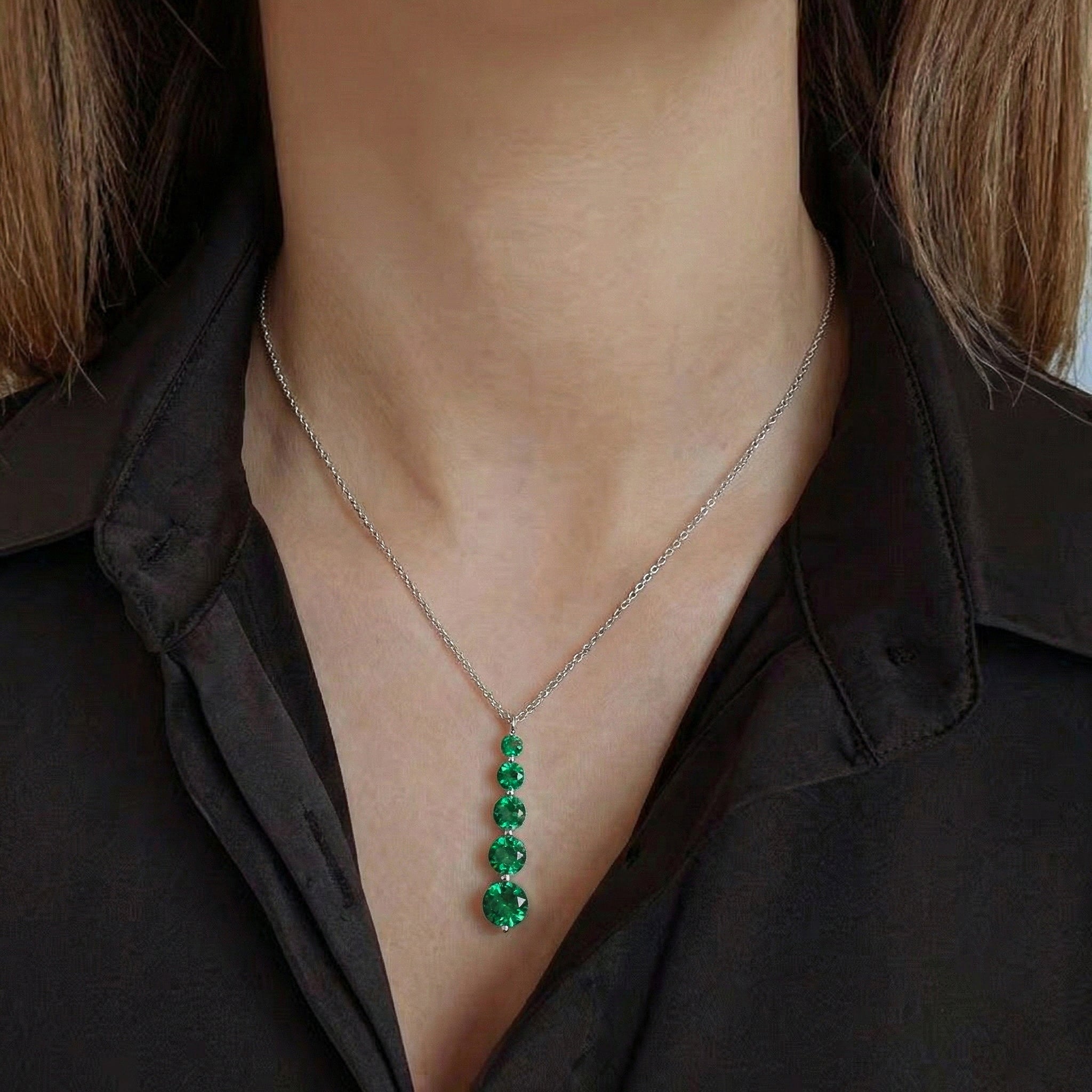 Emerald Round 5 Stone Bar Pendant Necklace in 925 Sterling Silver 3.90ct
