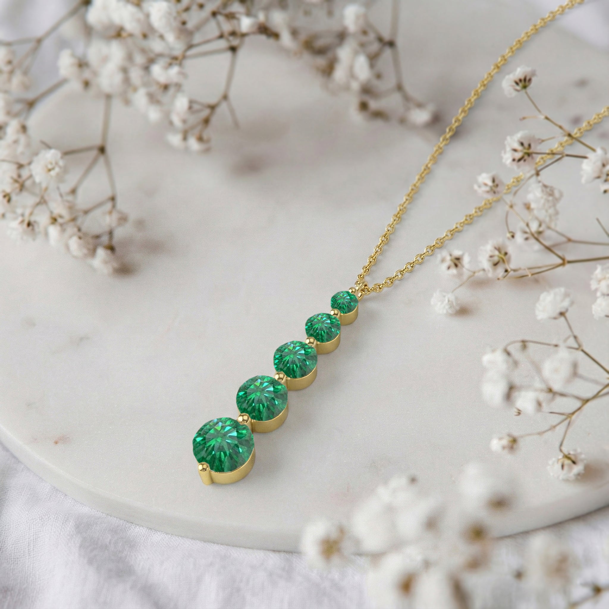 Emerald Round 5 Stone Bar Pendant Necklace in Yellow Gold Plated 3.90ct