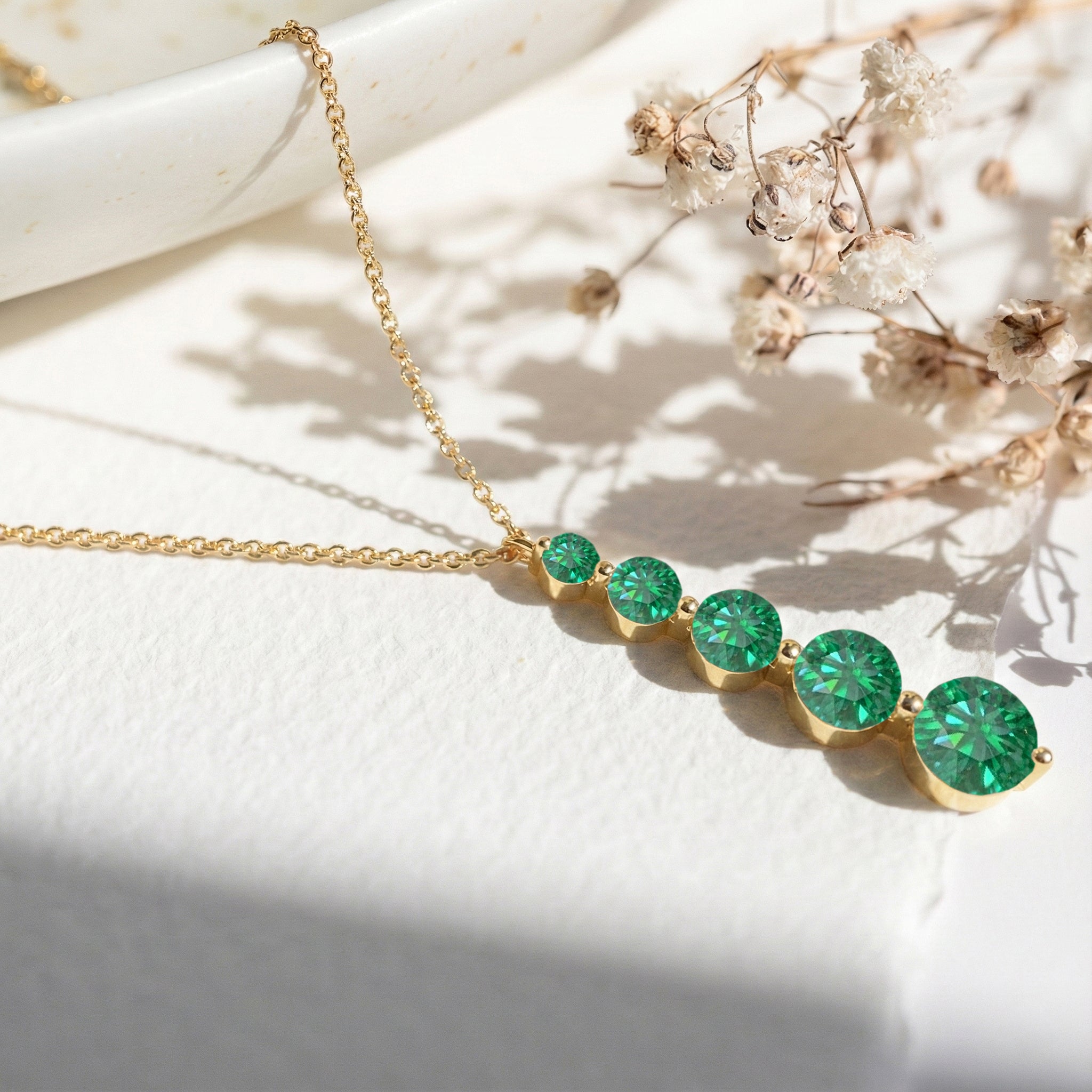 Emerald Round 5 Stone Bar Pendant Necklace in Yellow Gold Plated 3.90ct