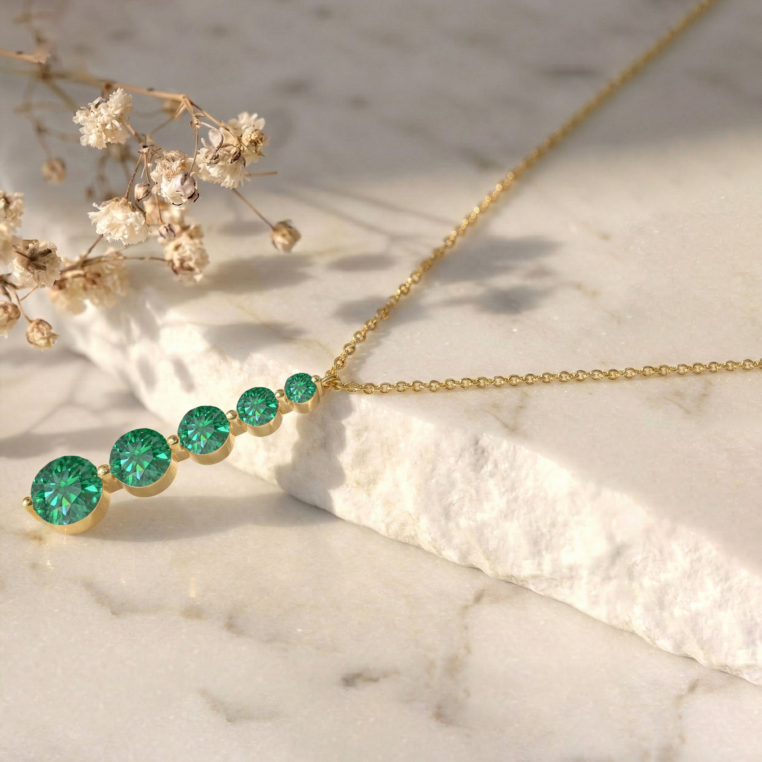 Emerald Round 5 Stone Bar Pendant Necklace in Yellow Gold Plated 3.90ct