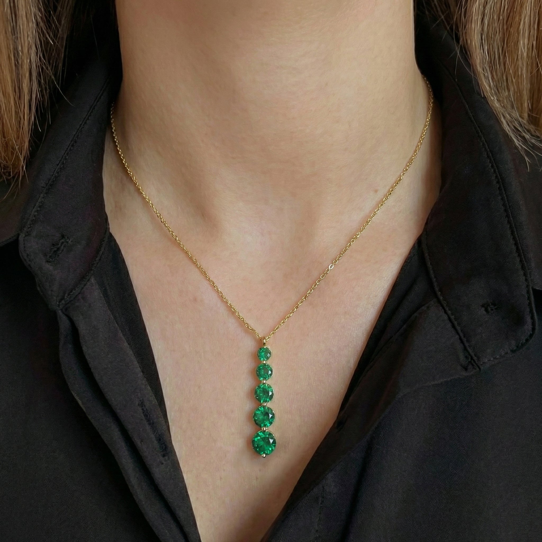Emerald Round 5 Stone Bar Pendant Necklace in Yellow Gold Plated 3.90ct