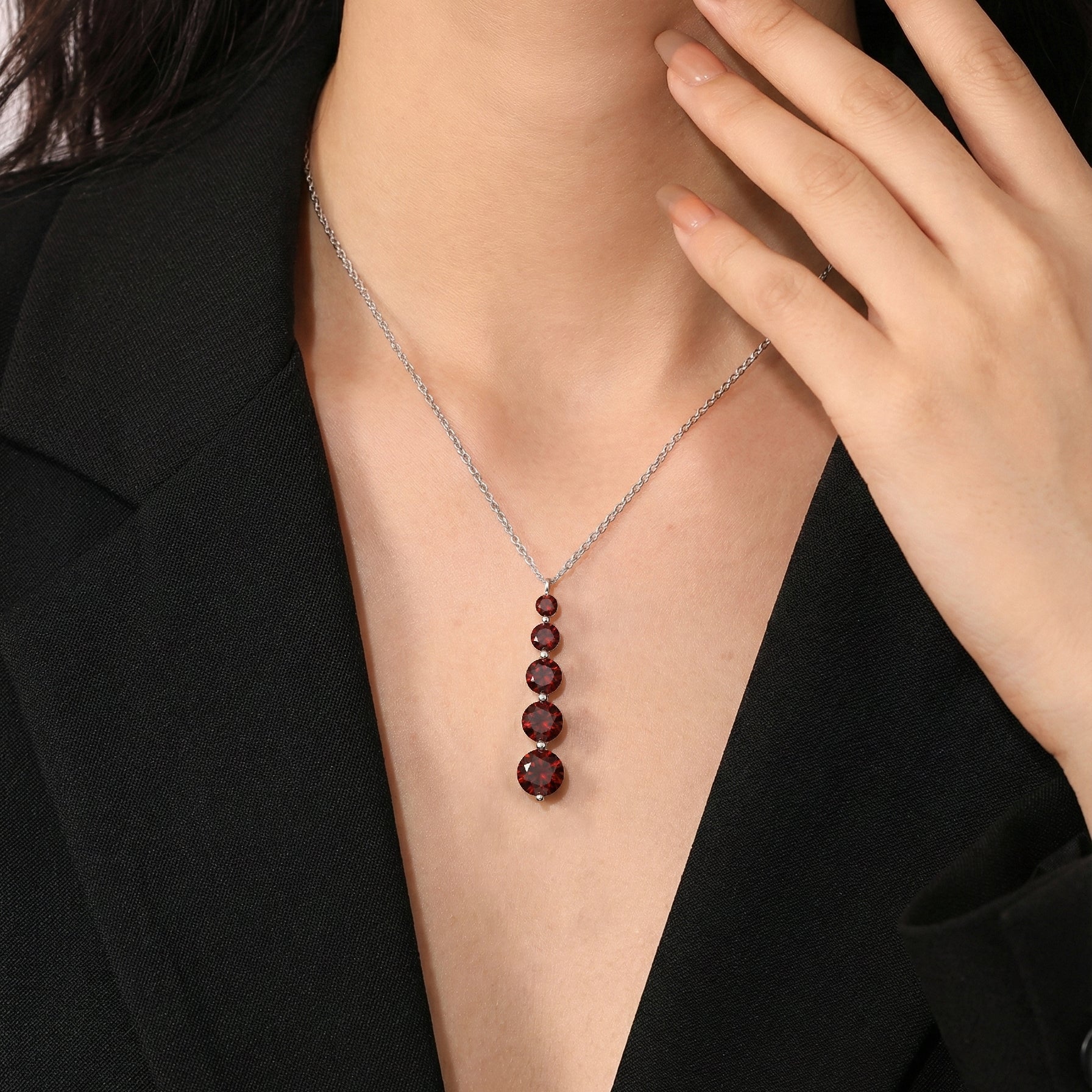 Garnet Round 5 Stone Bar Pendant Necklace in 925 Sterling Silver 3.90ct
