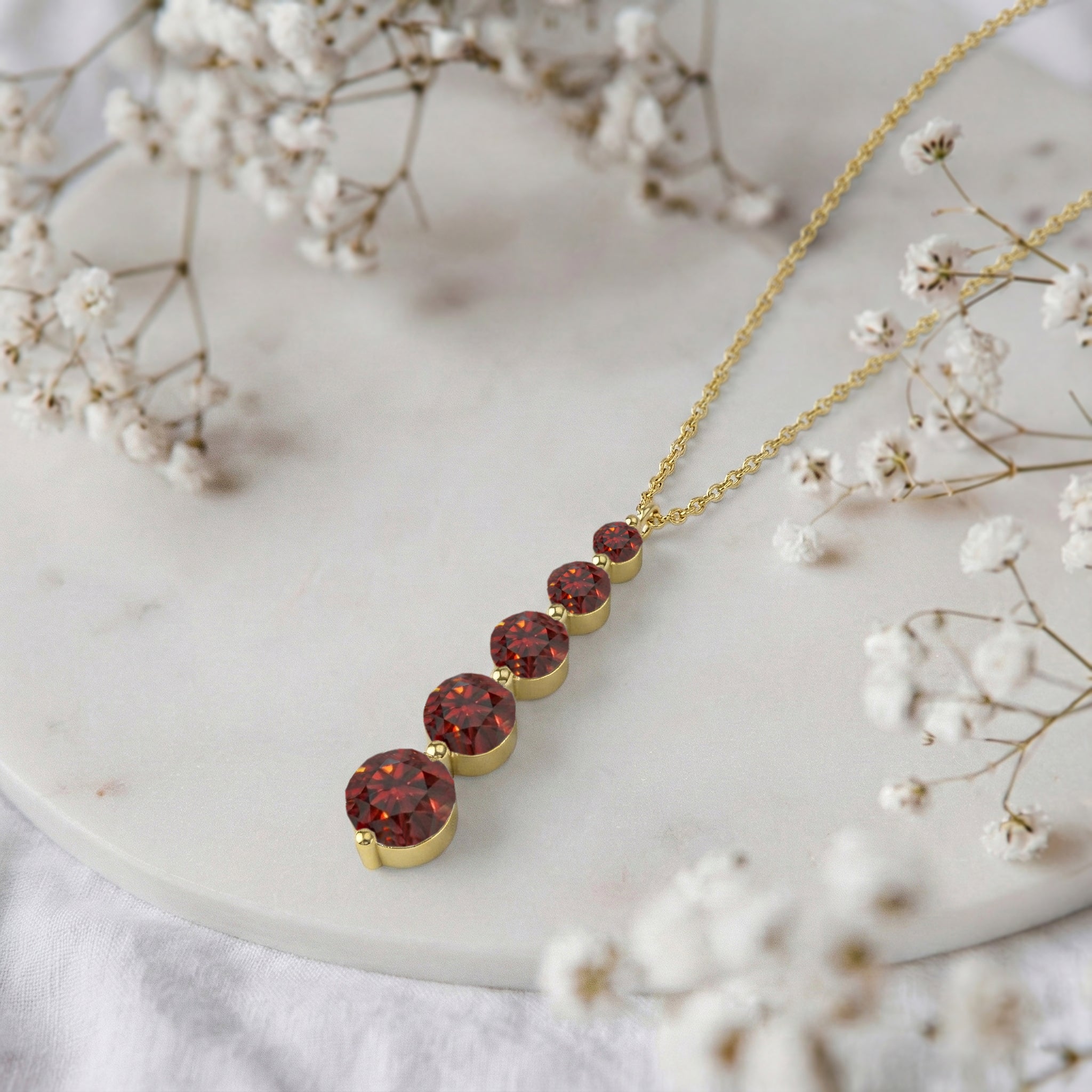 Garnet Round 5 Stone Bar Pendant Necklace in Yellow Gold Plated 3.90ct
