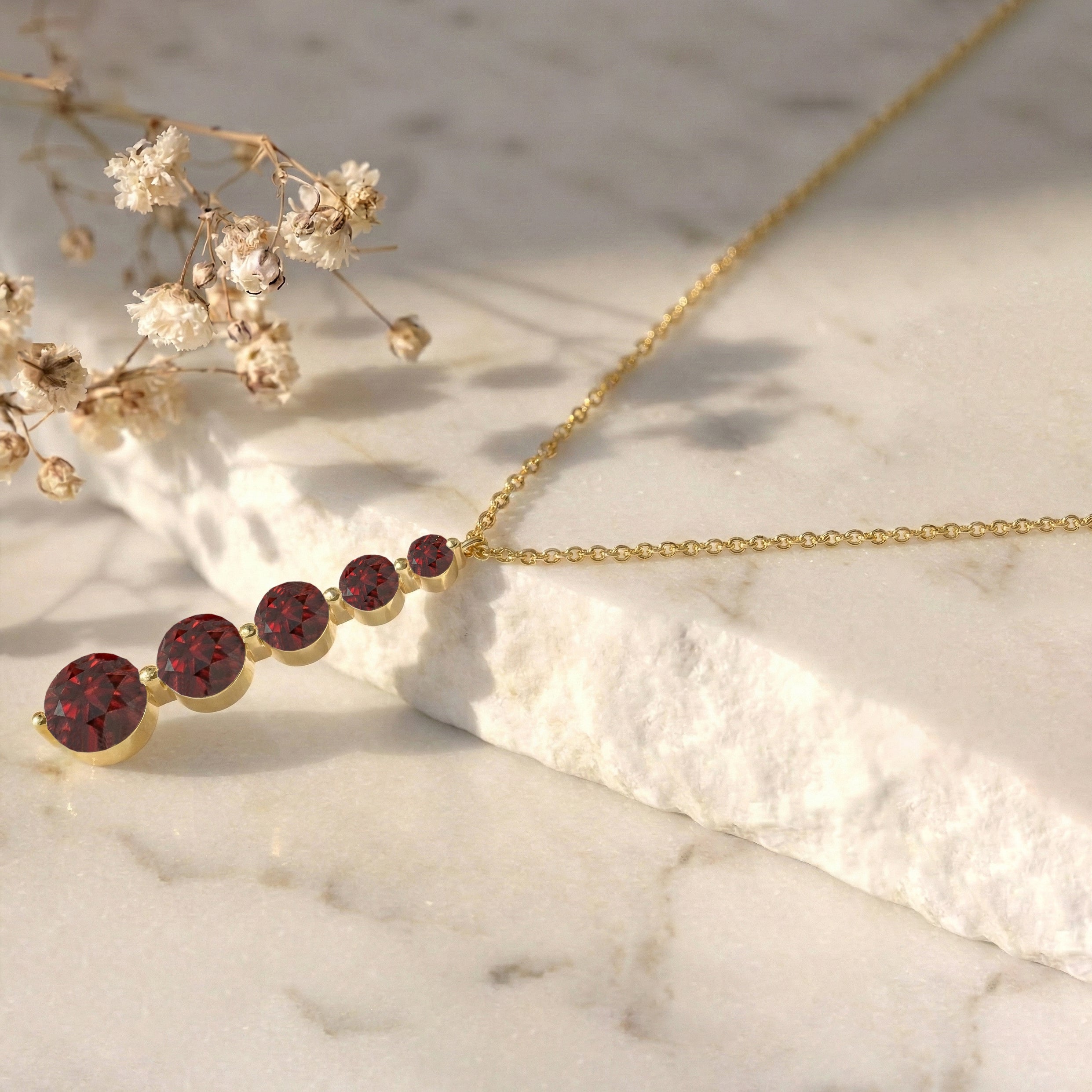 Garnet Round 5 Stone Bar Pendant Necklace in Yellow Gold Plated 3.90ct
