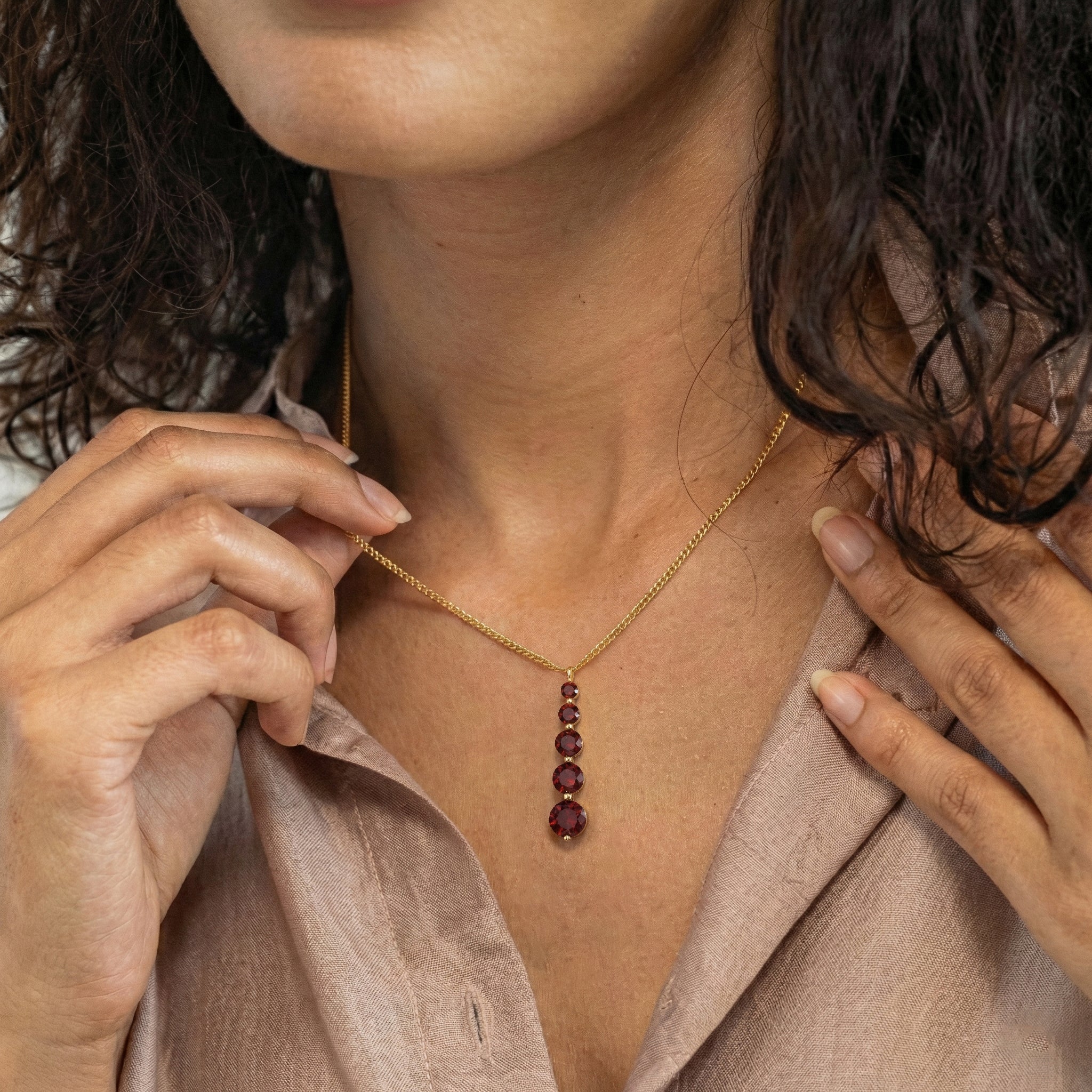 Garnet Round 5 Stone Bar Pendant Necklace in Yellow Gold Plated 3.90ct