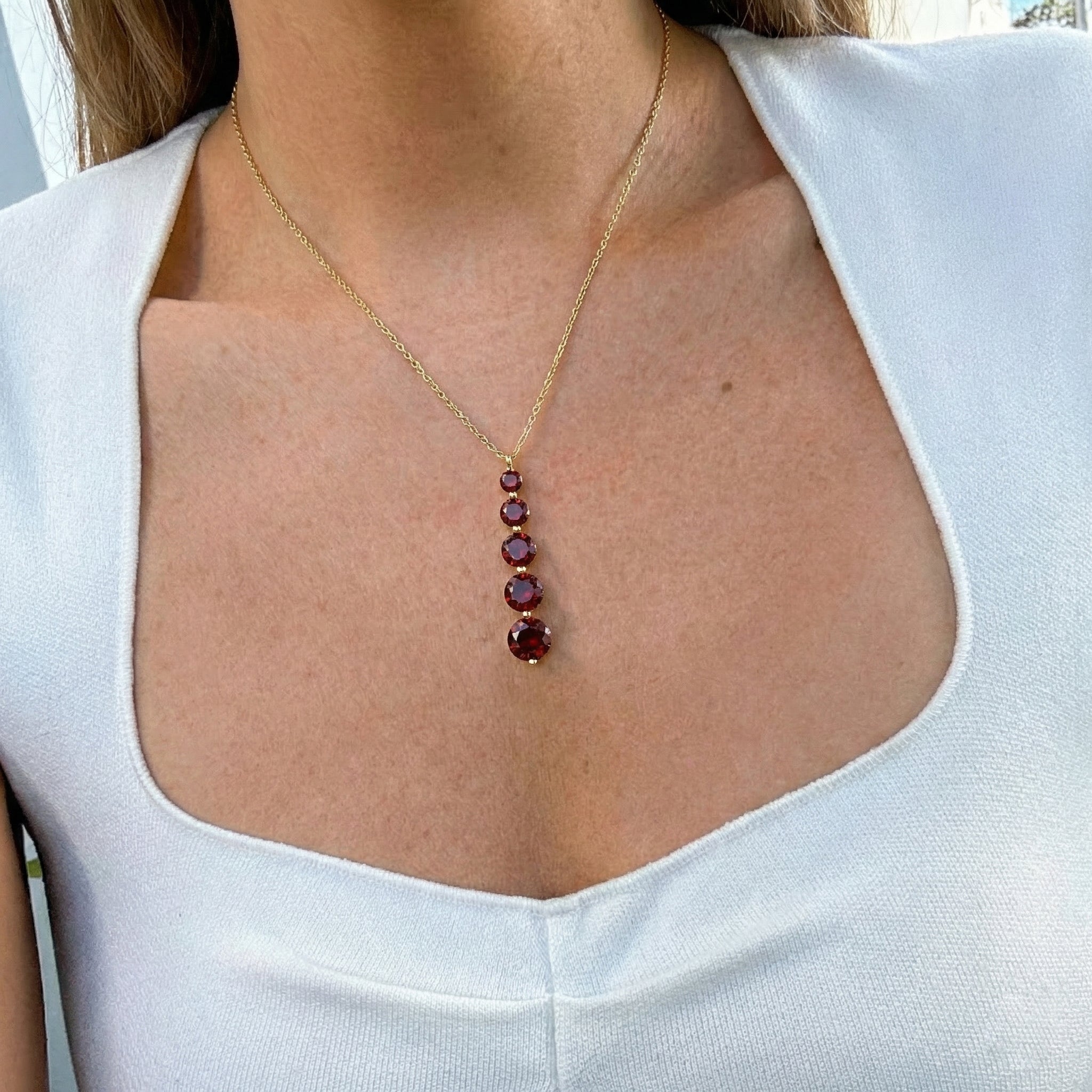 Garnet Round 5 Stone Bar Pendant Necklace in Yellow Gold Plated 3.90ct