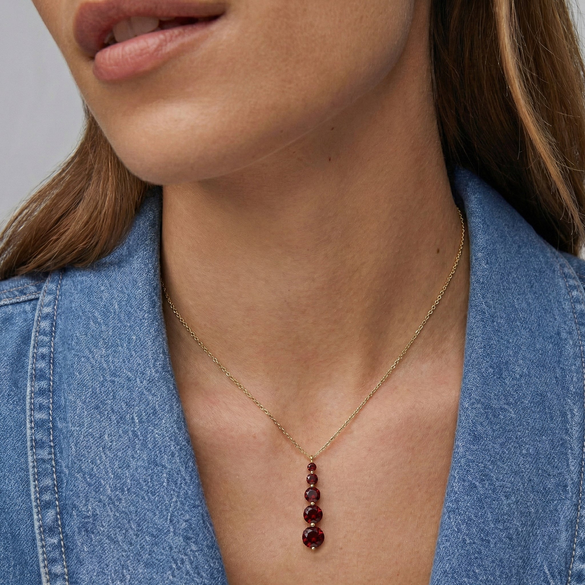 Garnet Round 5 Stone Bar Pendant Necklace in Yellow Gold Plated 3.90ct