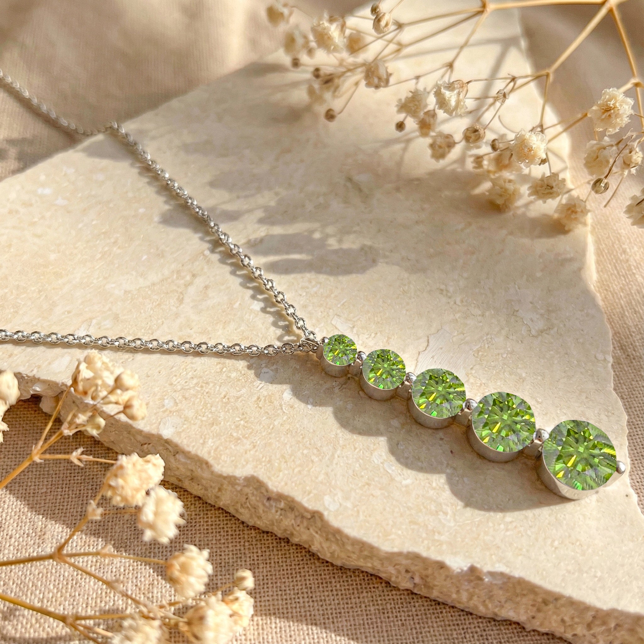Peridot Round 5 Stone Bar Pendant Necklace in 925 Sterling Silver 3.90ct

