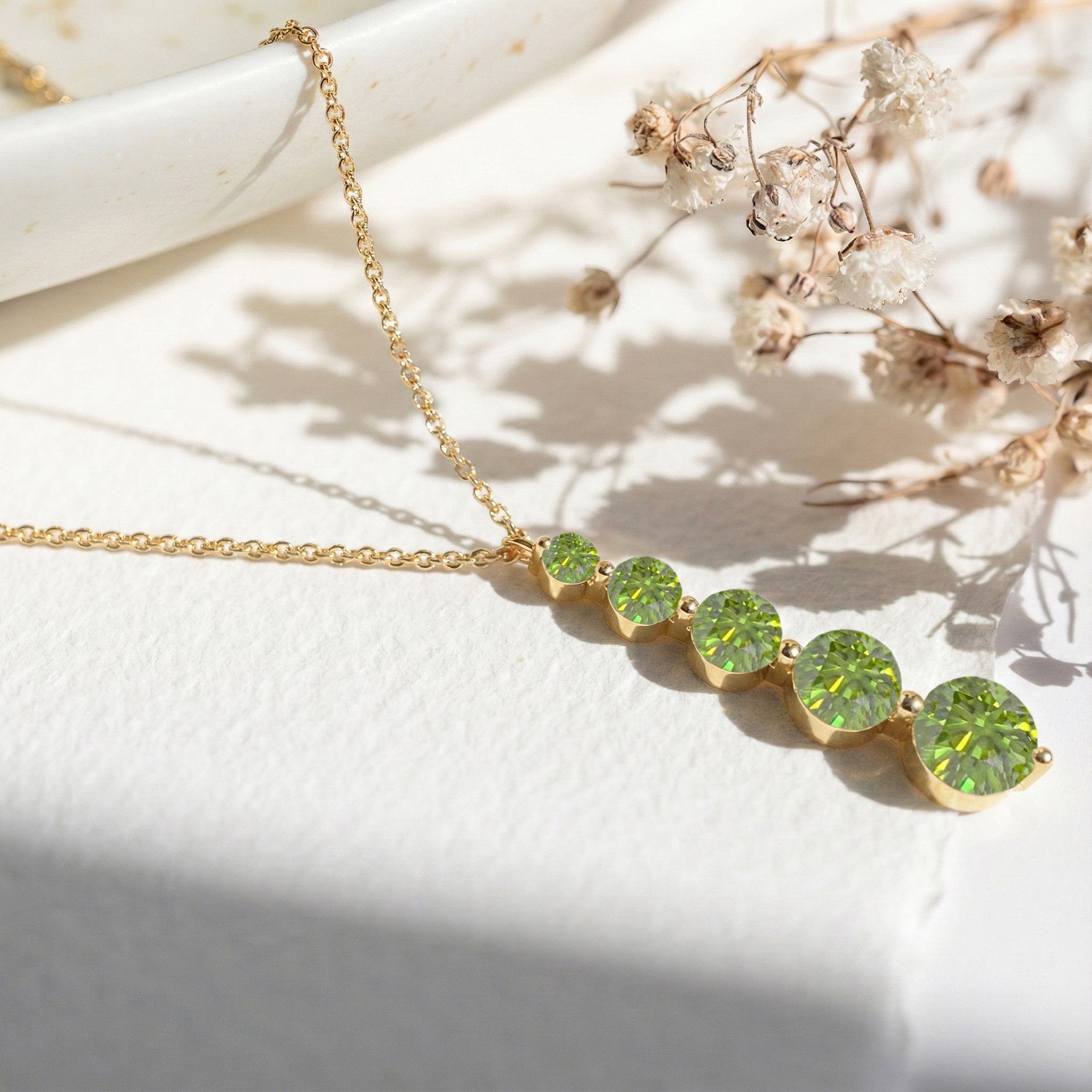 Peridot Round 5 Stone Bar Pendant Necklace in Yellow Gold Plated 3.90ct