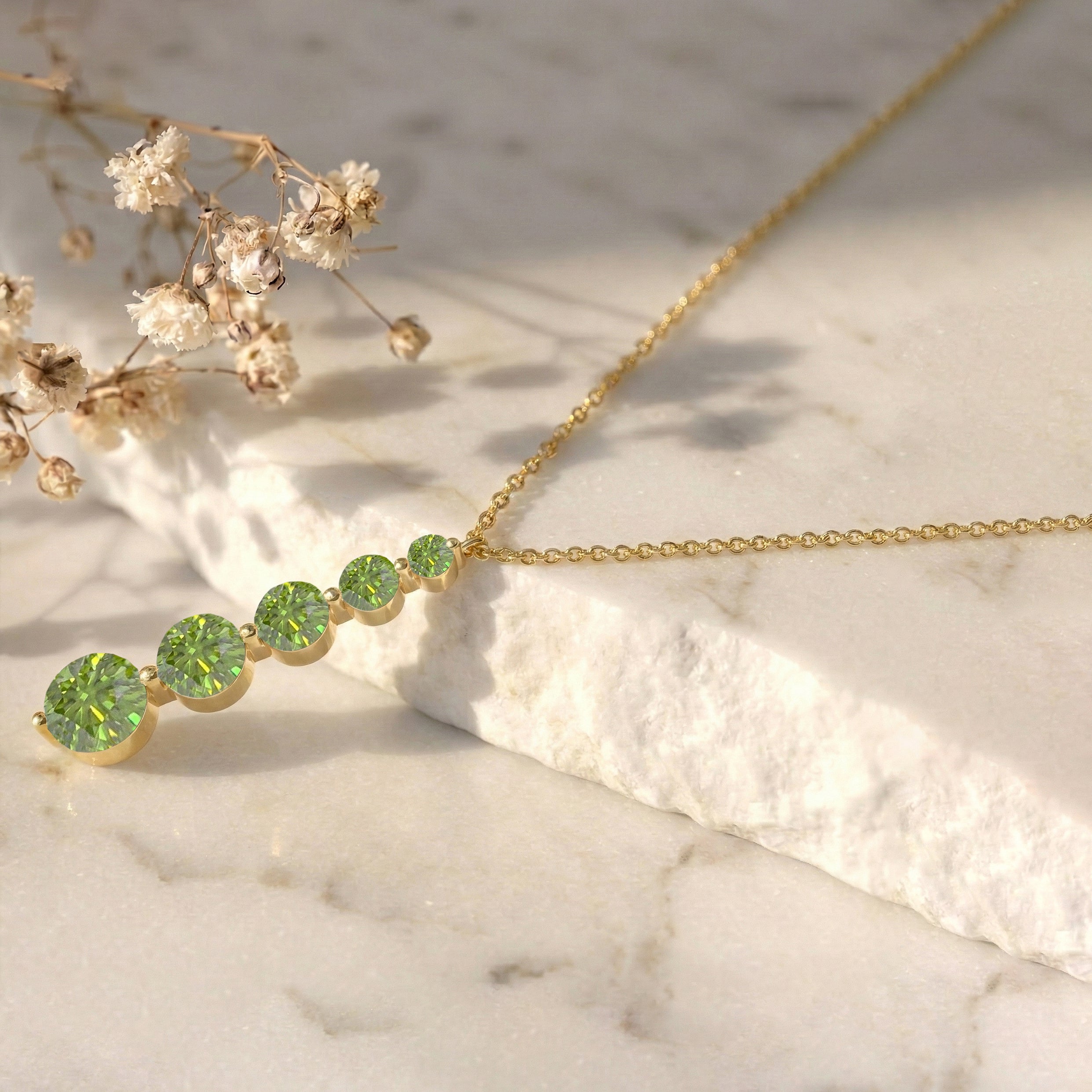 Peridot Round 5 Stone Bar Pendant Necklace in Yellow Gold Plated 3.90ct