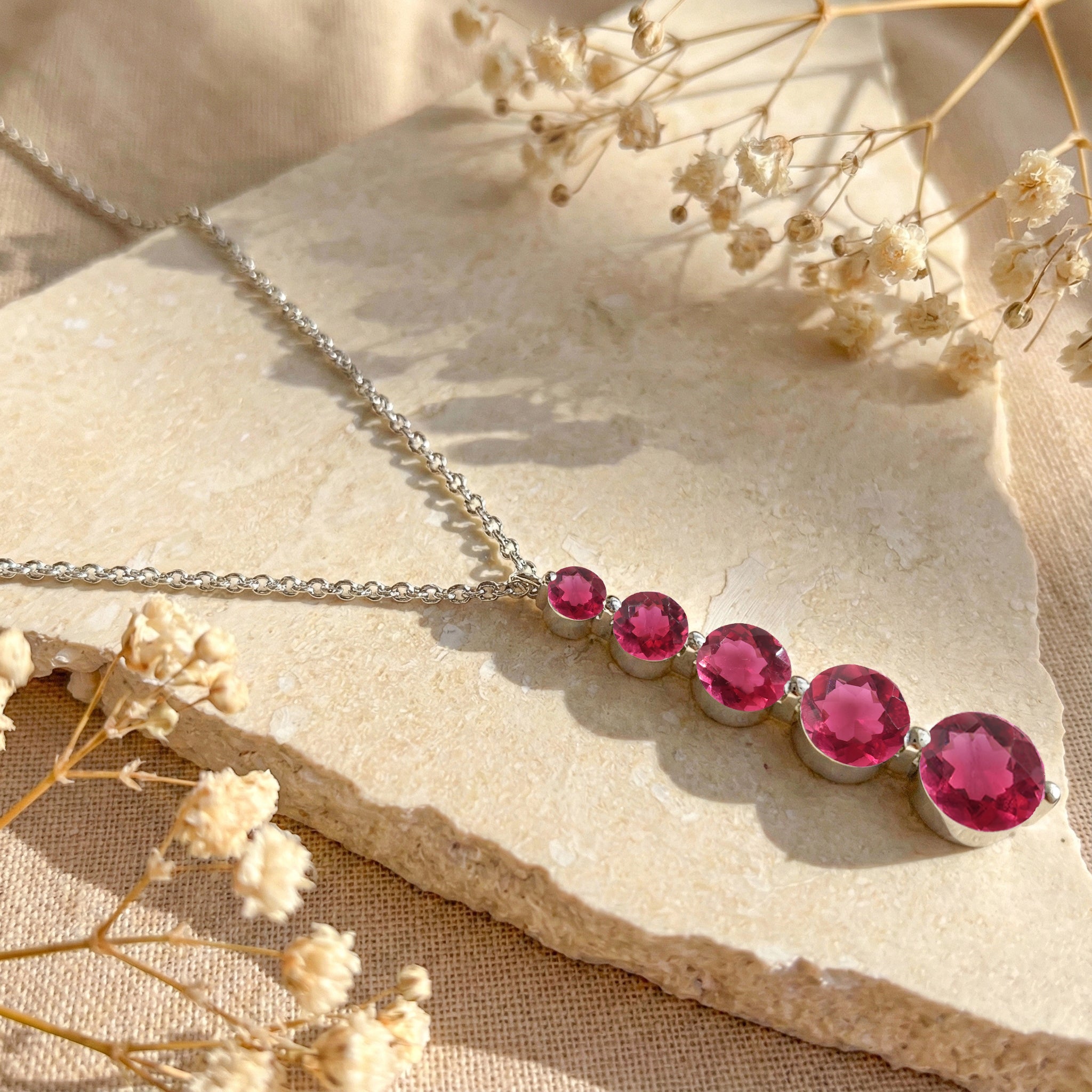 Pink Tourmaline  Round 5 Stone Bar Pendant Necklace in 925 Sterling Silver 3.90ct