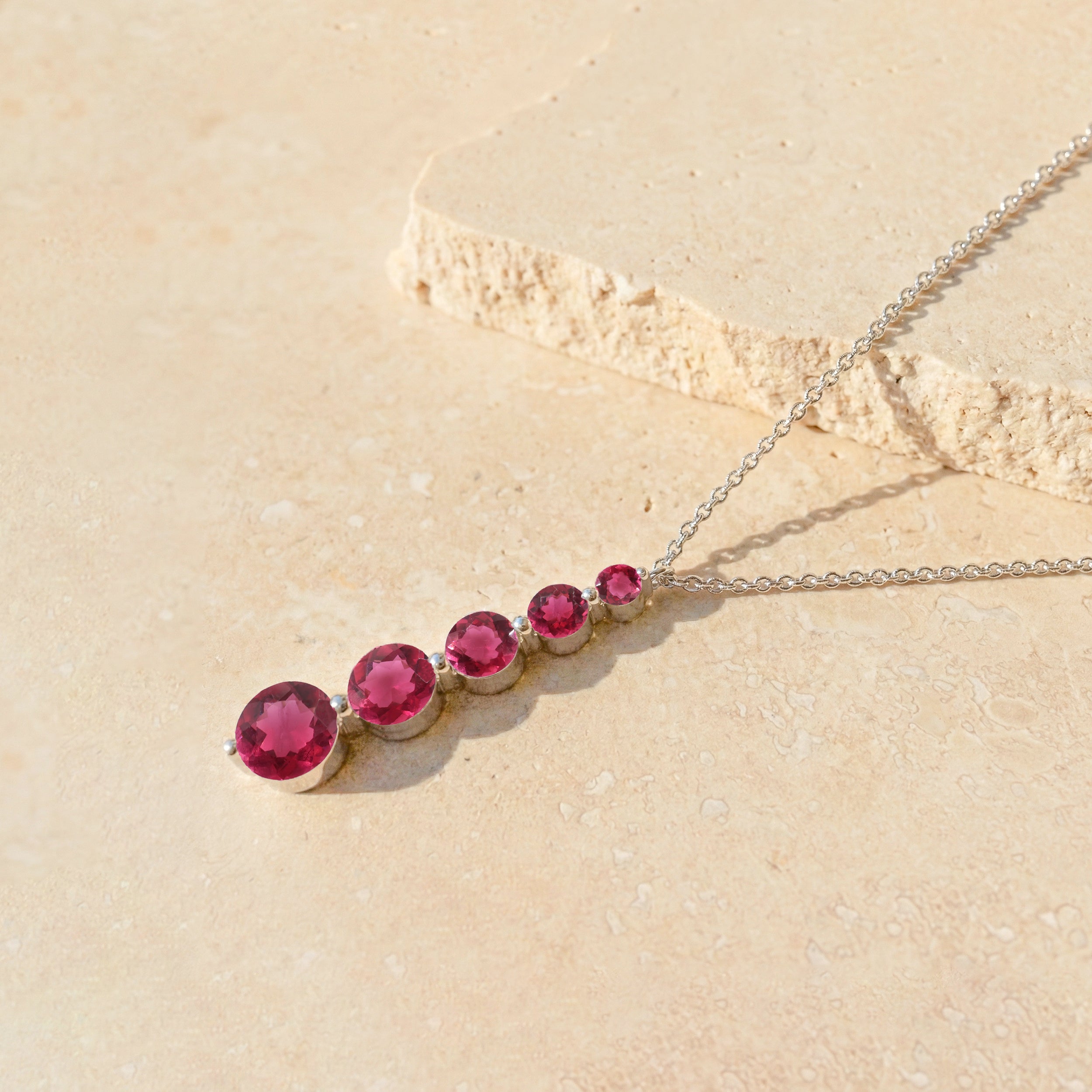 Pink Tourmaline  Round 5 Stone Bar Pendant Necklace in 925 Sterling Silver 3.90ct