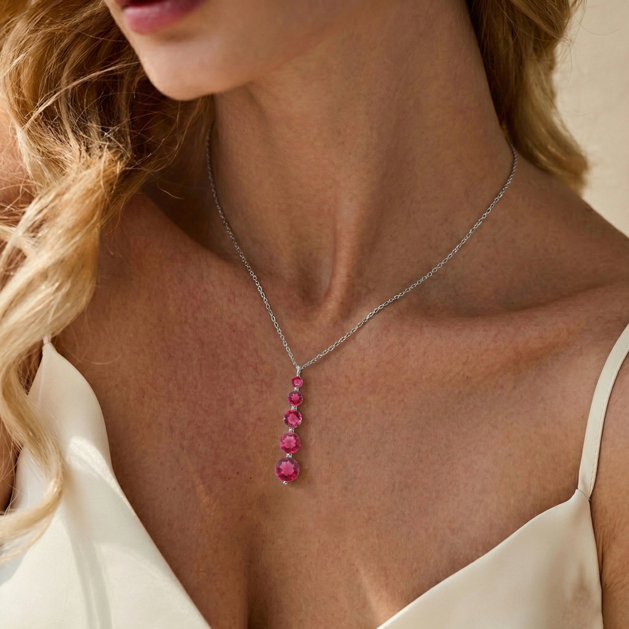 Pink Tourmaline  Round 5 Stone Bar Pendant Necklace in 925 Sterling Silver 3.90ct