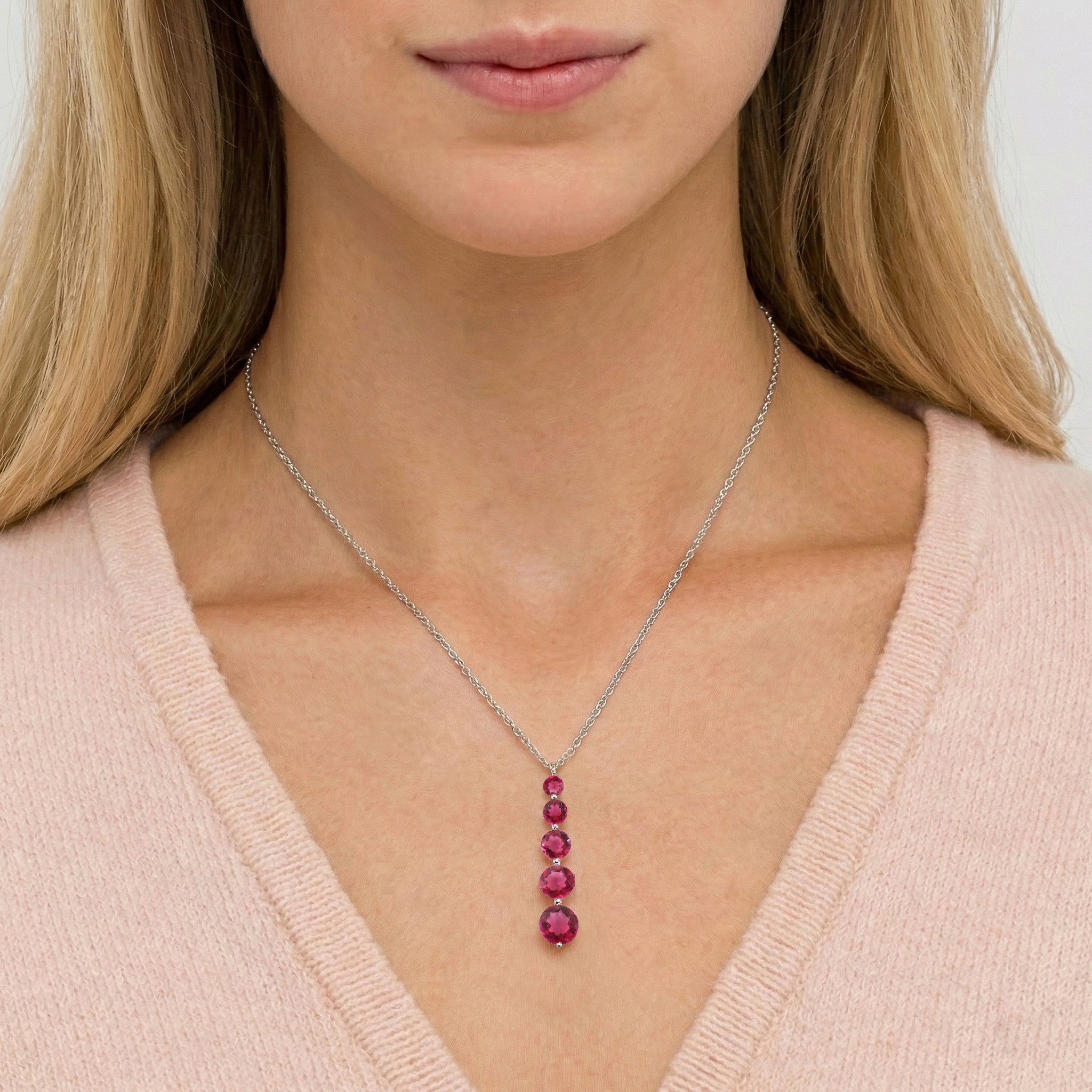 Pink Tourmaline  Round 5 Stone Bar Pendant Necklace in 925 Sterling Silver 3.90ct