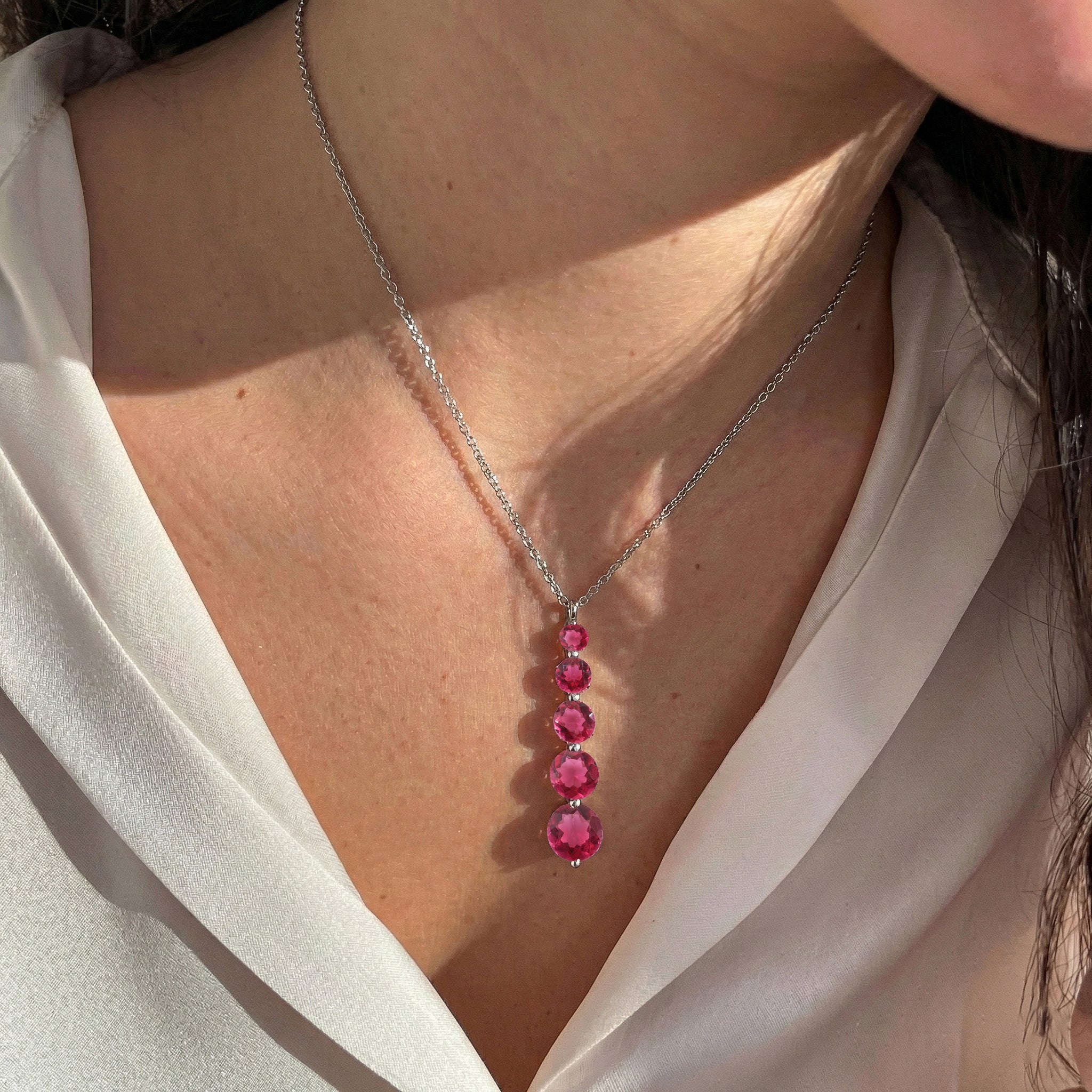 Pink Tourmaline  Round 5 Stone Bar Pendant Necklace in 925 Sterling Silver 3.90ct