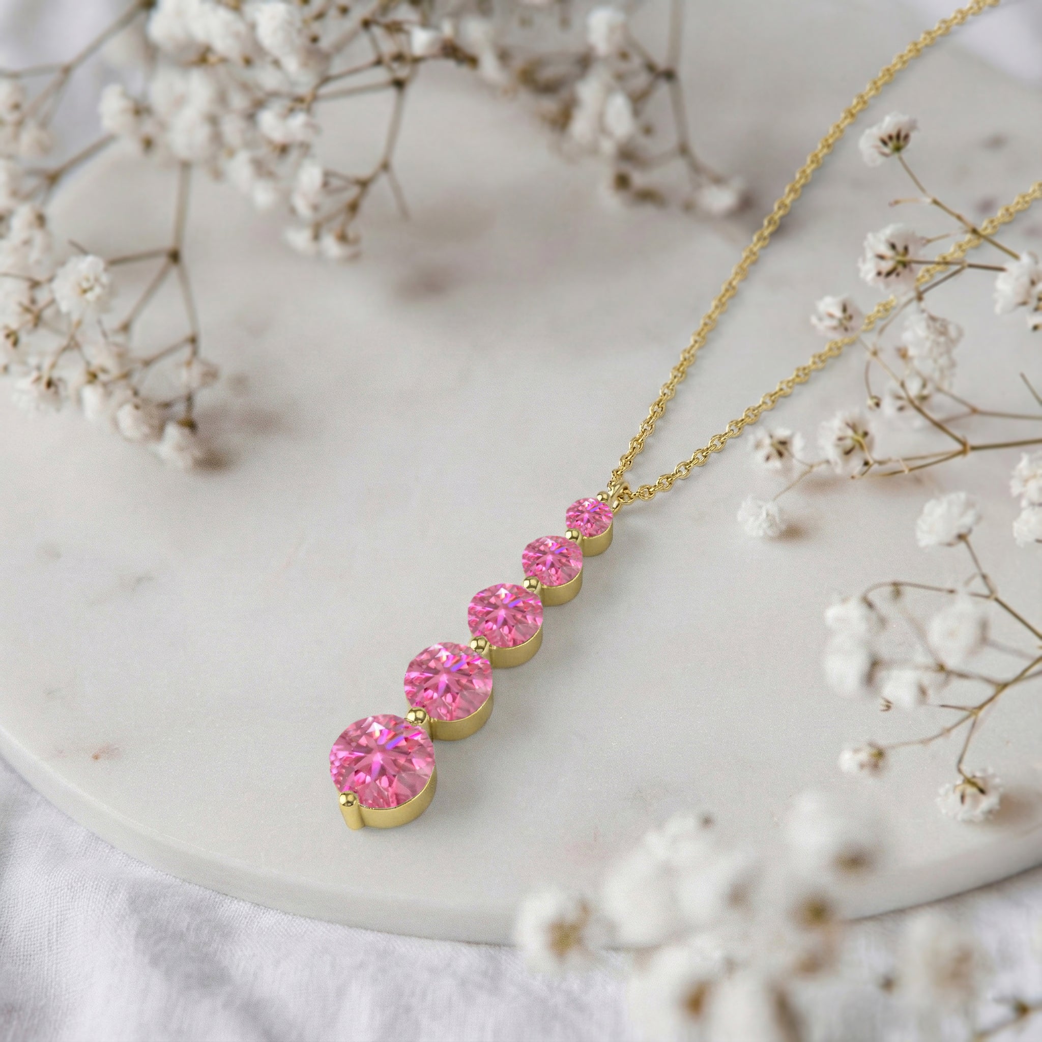 Pink Tourmaline Round 5 Stone Bar Pendant Necklace in Yellow Gold Plated 3.90ct
