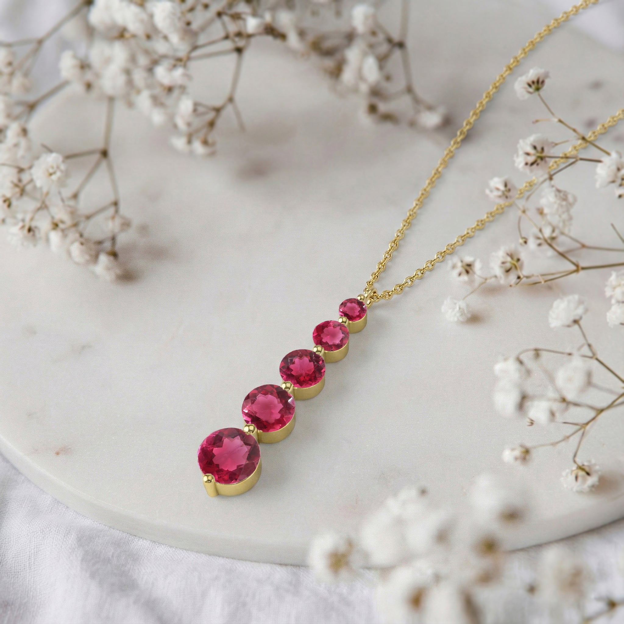 Pink Tourmaline  Round 5 Stone Bar Pendant Necklace in 925 Sterling Silver 3.90ct