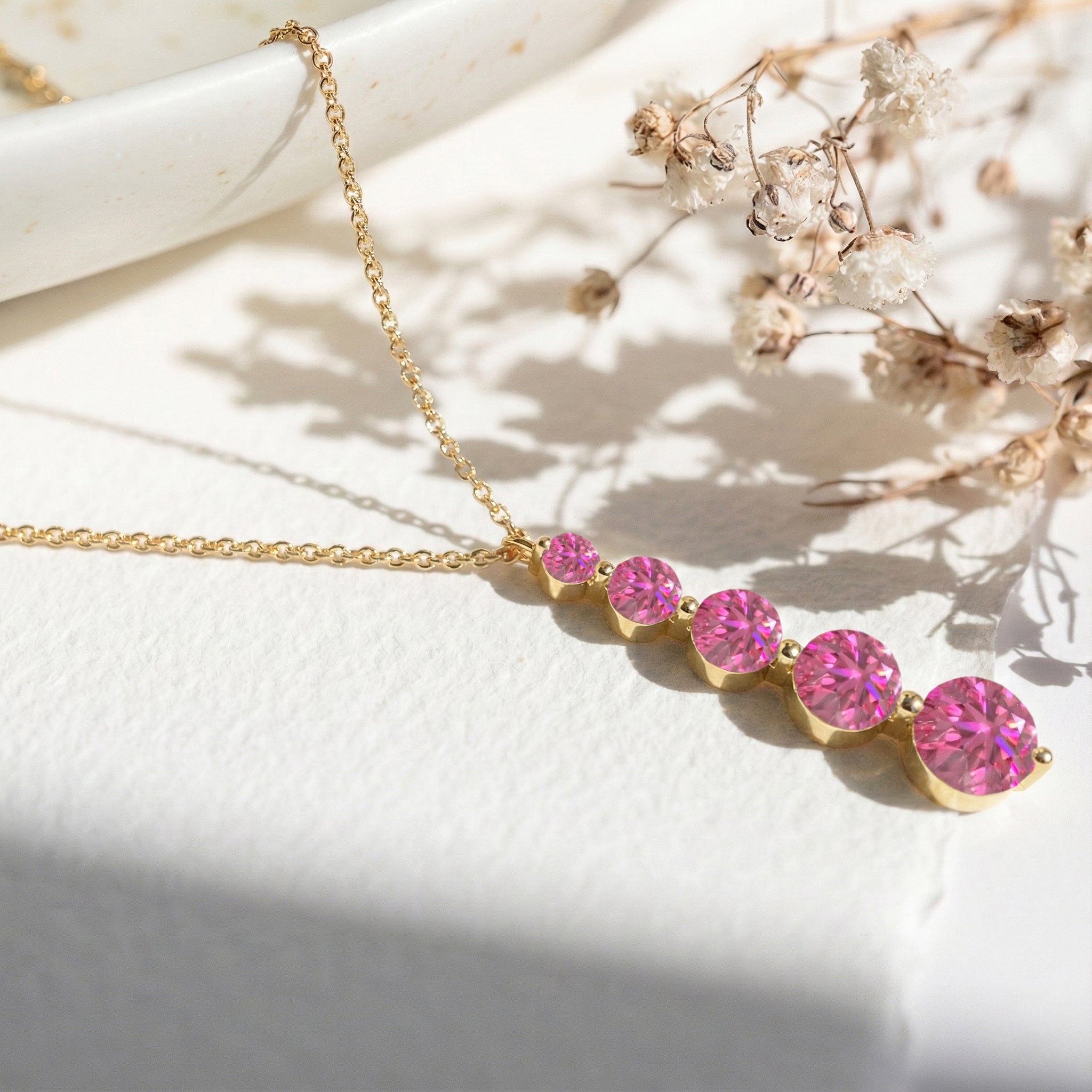 Pink Tourmaline Round 5 Stone Bar Pendant Necklace in Yellow Gold Plated 3.90ct